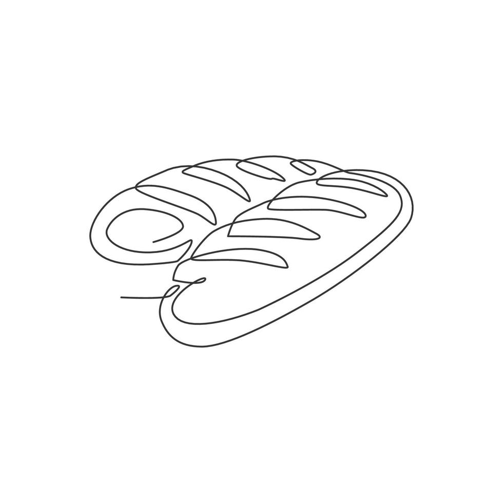 One continuous line drawing of fresh delicious online French long thin bread shop logo emblem. Home made baguettes store logotype template concept. Modern single line draw design vector illustration