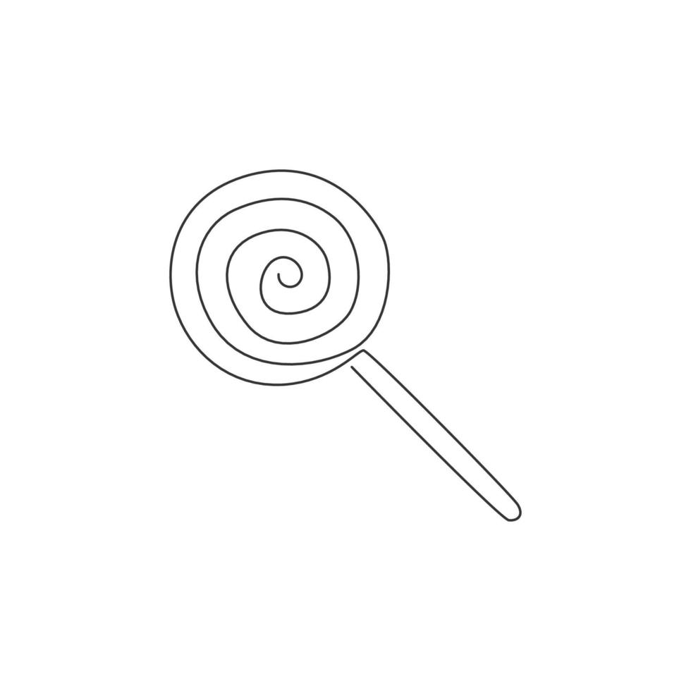 Single continuous line drawing of stylized spiral lollipop candy shop logo label. Emblem sweet confectionery store concept. Modern one line draw design vector illustration for snack delivery service