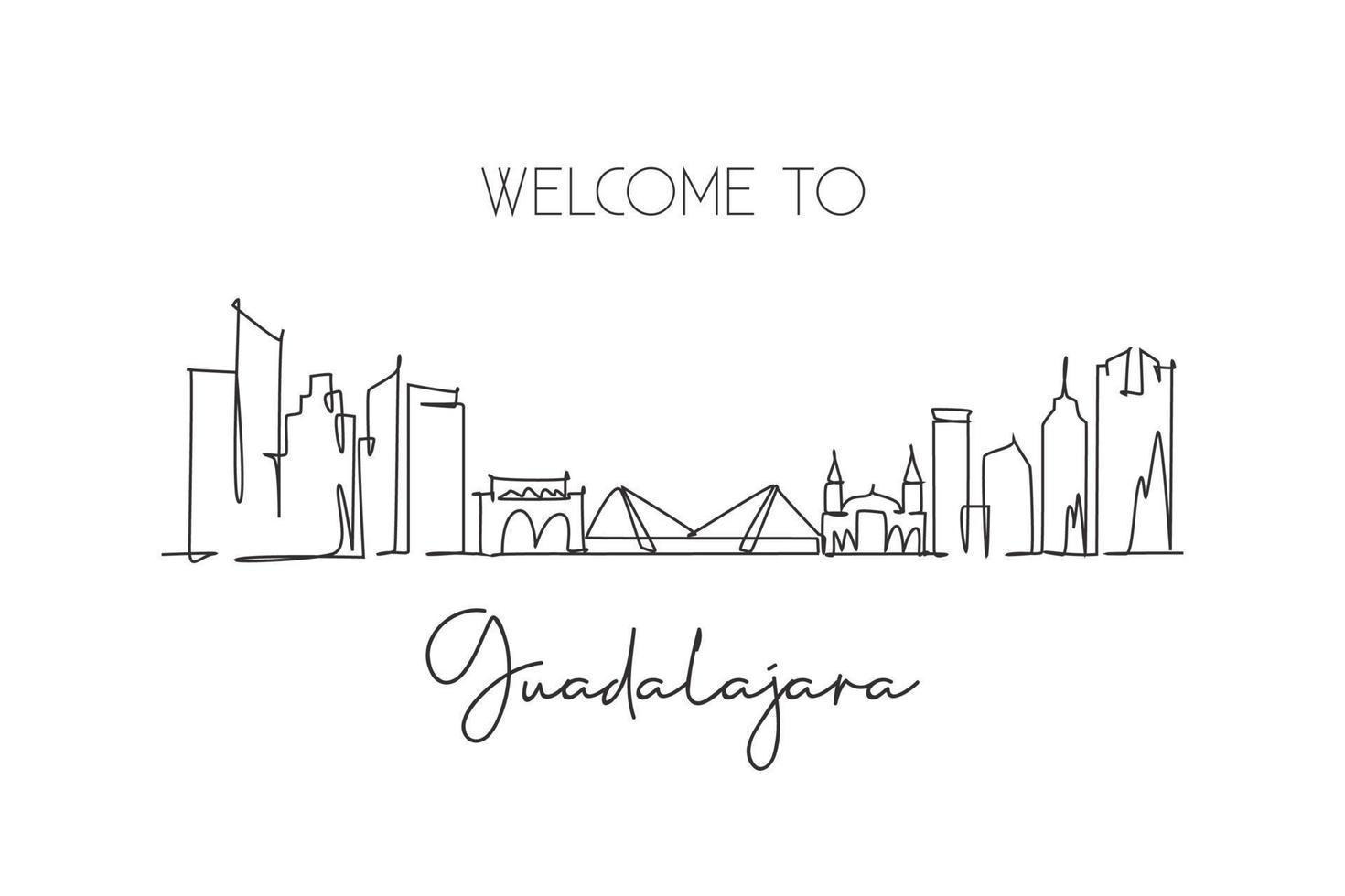 una línea continua dibujando el horizonte de la ciudad de guadalajara, méxico. hermosa postal histórica. vacaciones de viaje de turismo de paisaje mundial. Ilustración de vector de diseño de dibujo de una sola línea de trazo elegante editable