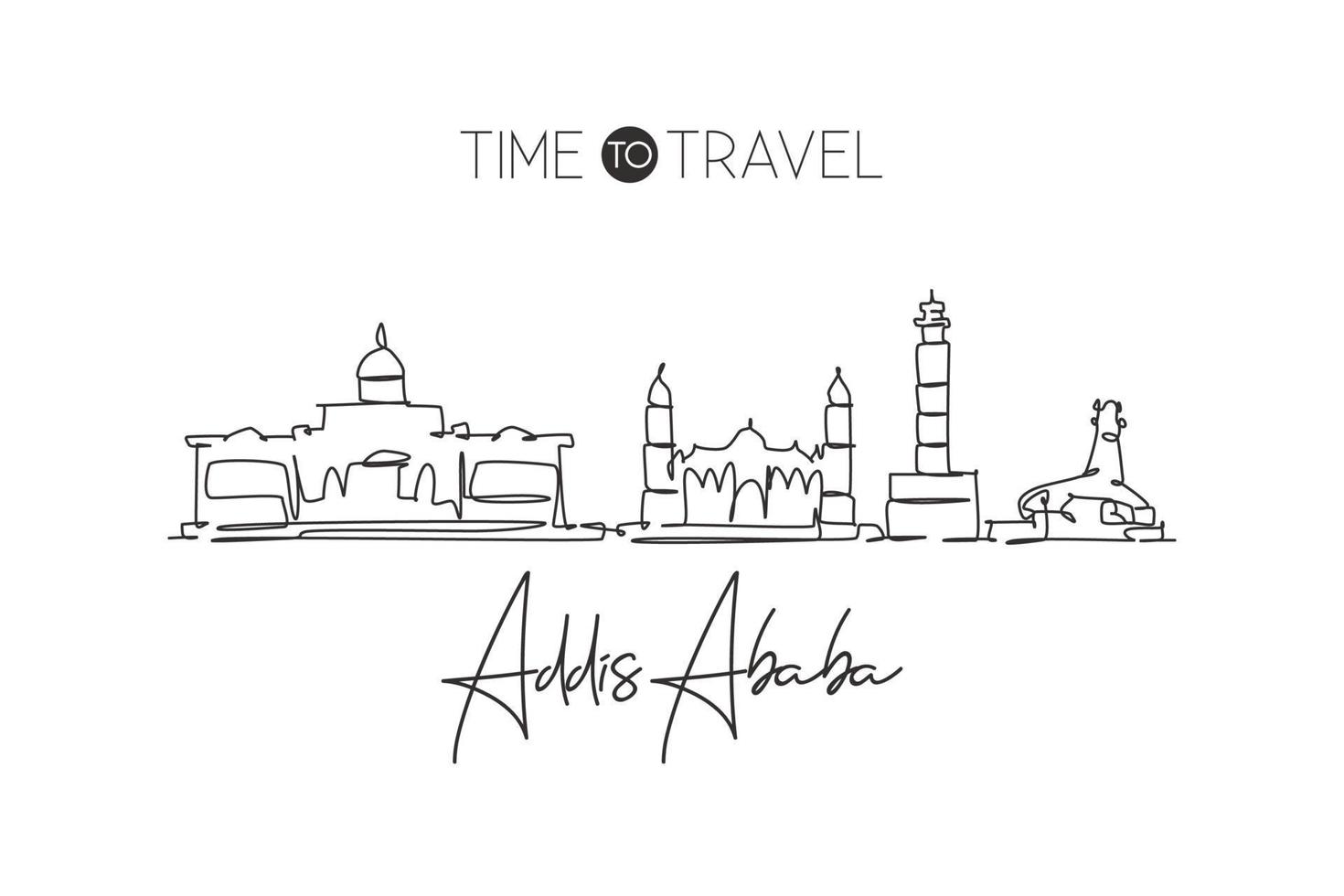 One continuous line drawing of Addis Ababa city skyline, Ethiopia. Beautiful landmark postcard. World landscape tourism travel vacation. Stylish single line draw design vector graphic art illustration