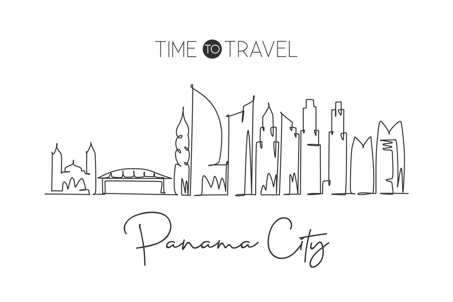 Single continuous line drawing Panama city skyline, Panama. Famous city scraper landscape. World travel destination concept wall decor poster print art. Modern one line draw design vector illustration