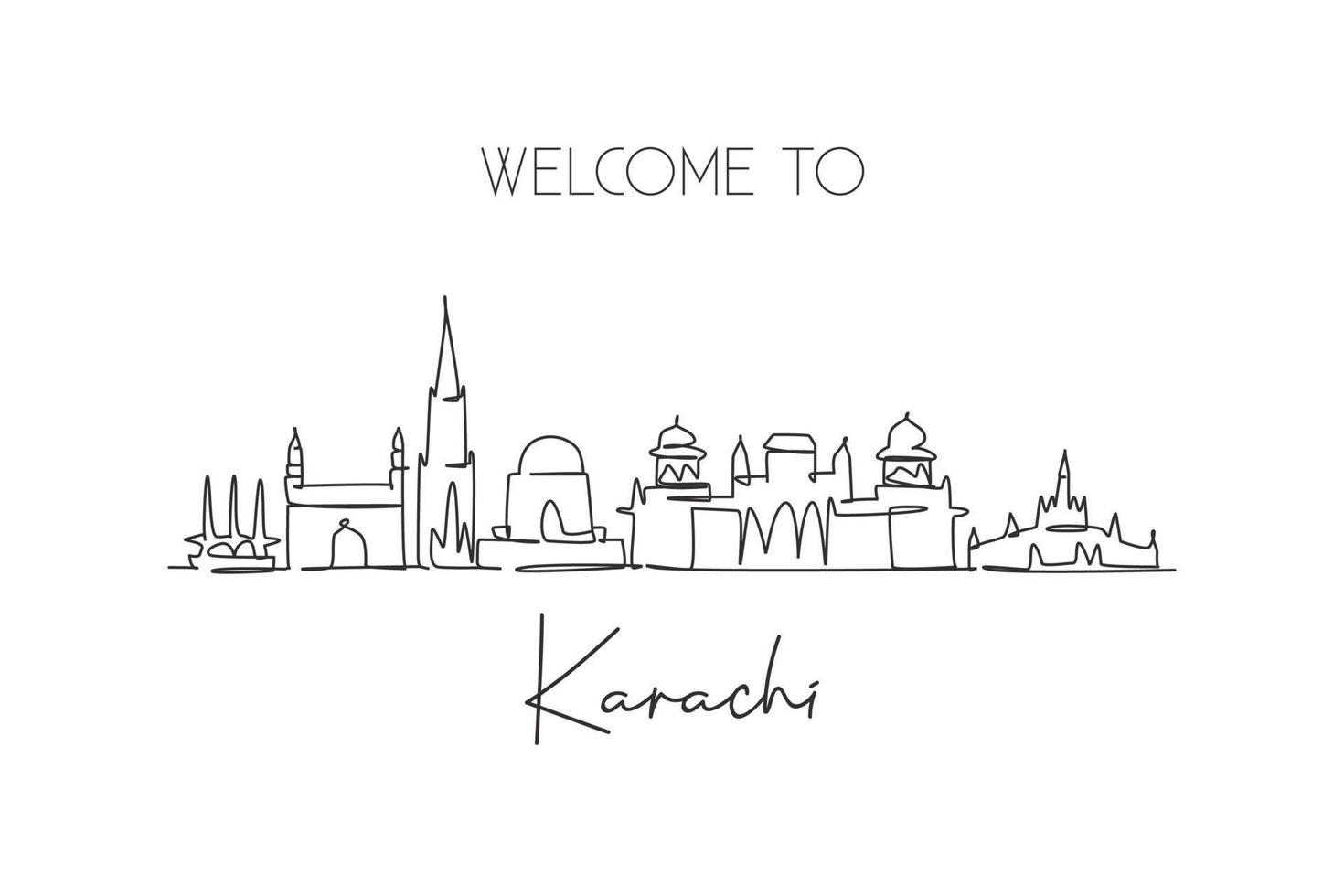 One single line drawing of Karachi city skyline, Pakistan. Historical town landscape in world. Best holiday destination postcard. Editable stroke trendy continuous line draw design vector illustration