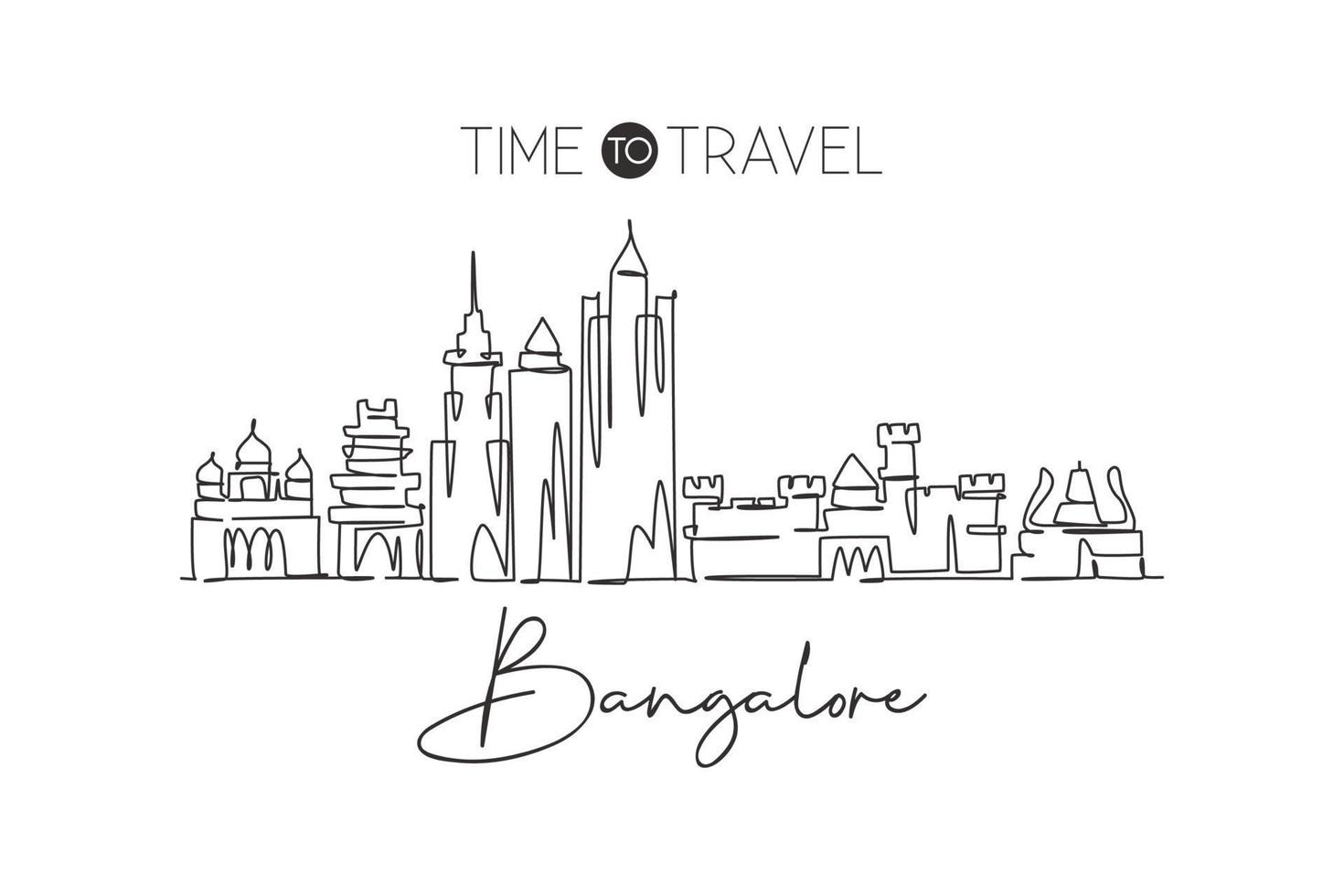 One single line drawing of Bangalore city skyline, India. Historical town landscape in world. Best holiday destination. Editable stroke trendy continuous line draw design vector graphic illustration