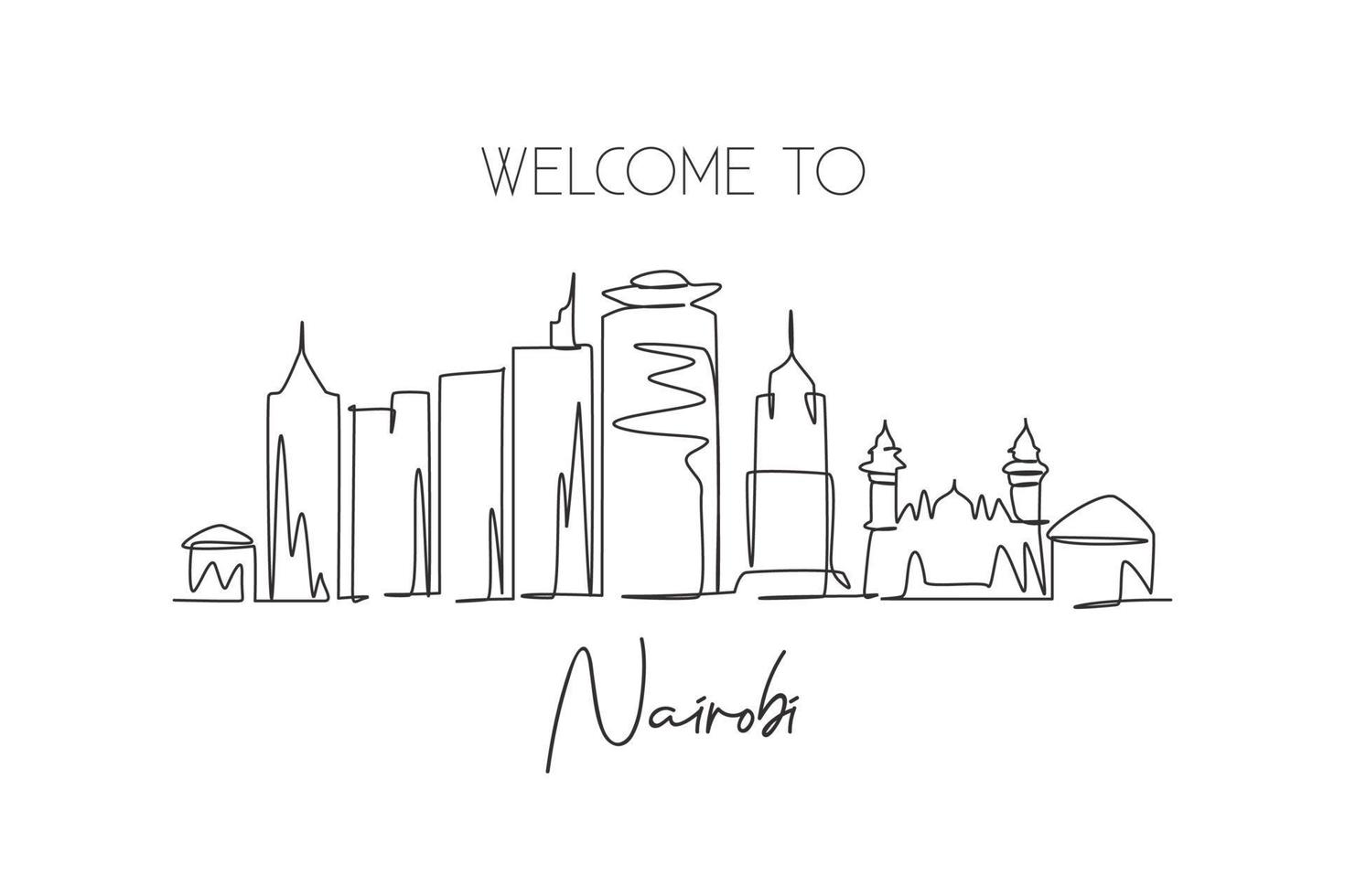 Single continuous line drawing of Nairobi city skyline, Kenya. Famous city scraper and landscape home wall art decor poster print. World travel concept. Modern one line draw design vector illustration