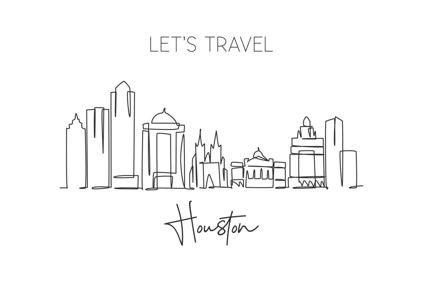 One single line drawing of Houston city skyline, United States. Historical town landscape in the world. Best holiday destination. Editable stroke trendy continuous line draw design vector illustration