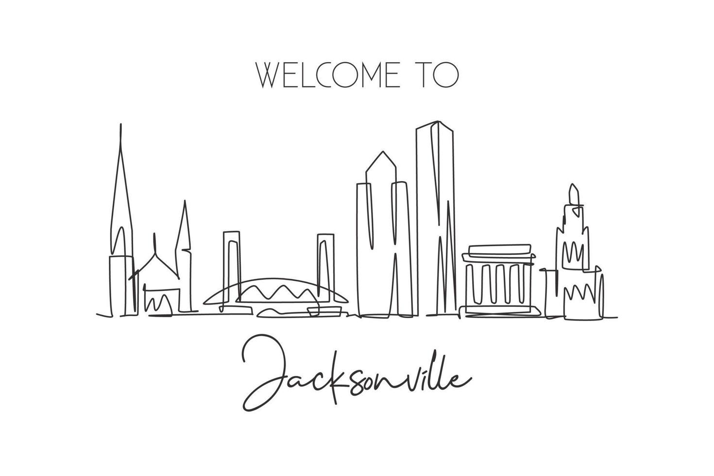 dibujo de una sola línea continua del horizonte de la ciudad de jacksonville, estados unidos. famoso raspador y paisaje de la ciudad. Impresión de póster de decoración de pared para el hogar con concepto de viaje mundial. Ilustración de vector de diseño de dibujo de una línea moderna