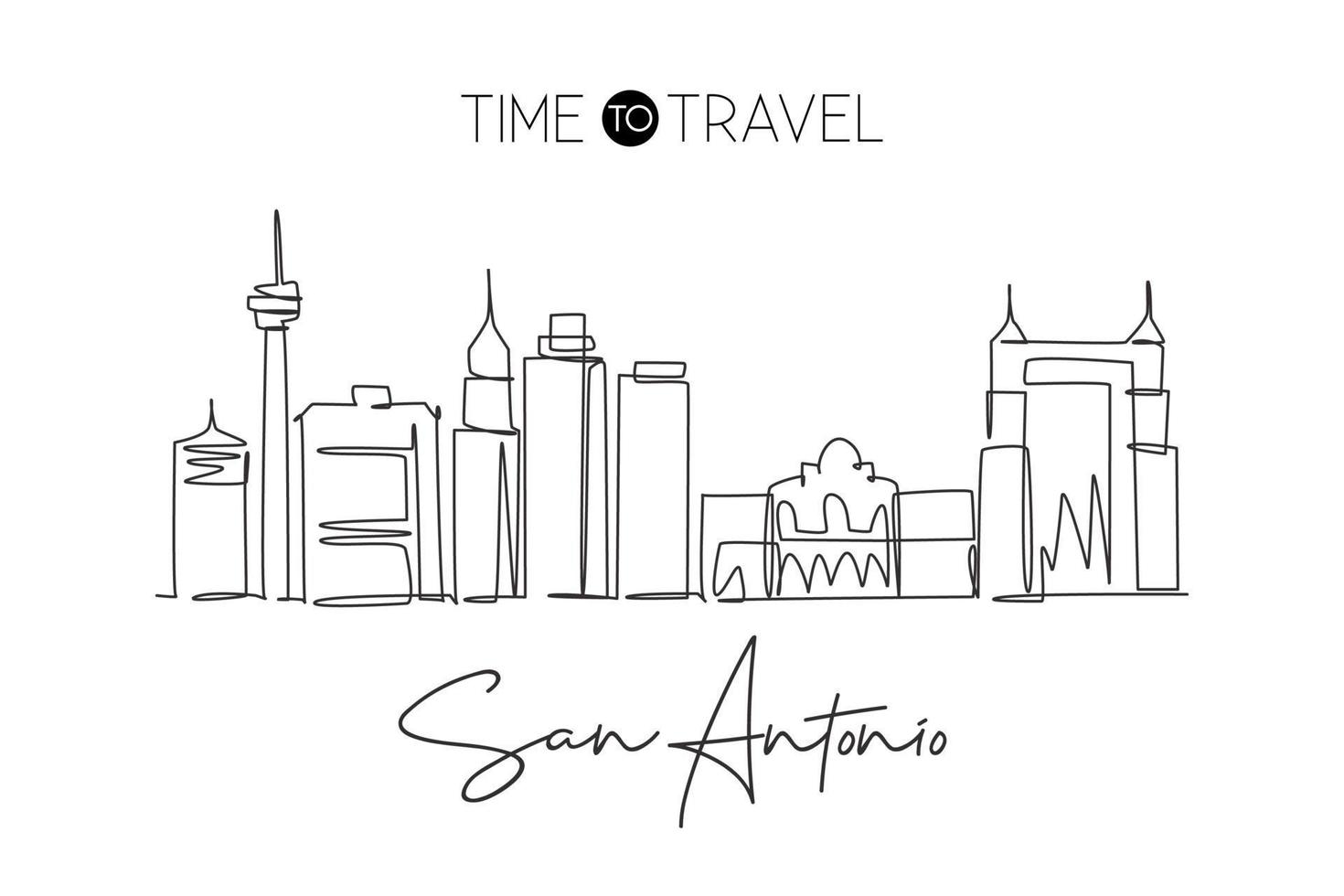 Single continuous line drawing of San Antonio city skyline, United States of America. Famous landscape. World travel concept wall decor poster print. Modern one line draw design vector illustration