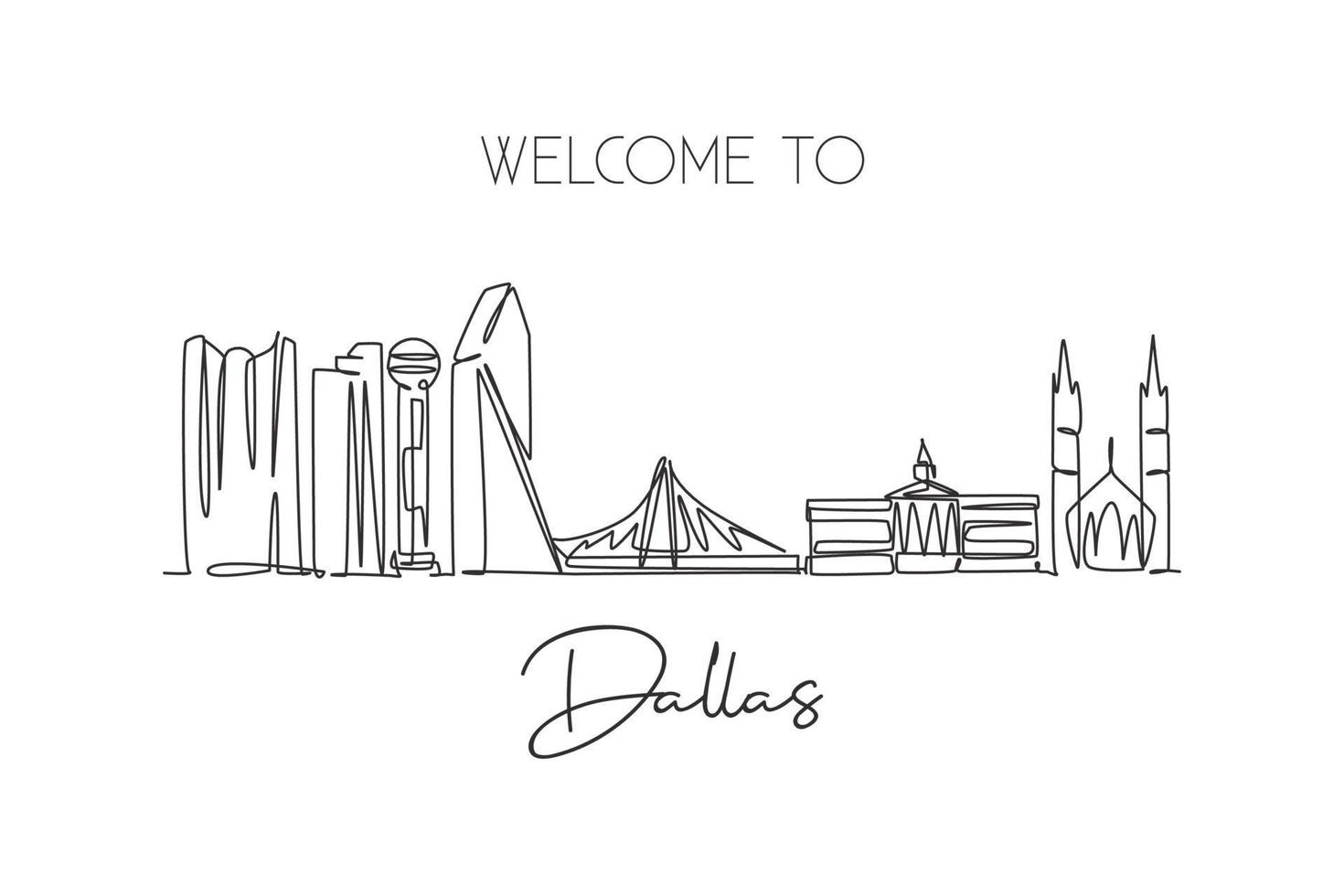 un dibujo de línea continua del horizonte de la ciudad de dallas, estados unidos de américa. hermoso hito. vacaciones de viaje de paisaje mundial. Ilustración de vector de diseño de dibujo de una sola línea de trazo elegante editable