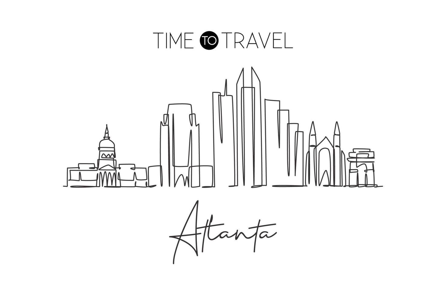 One continuous line drawing of Atlanta city skyline, USA. Beautiful landmark. World landscape tourism travel vacation poster print wall decor art. Stylish single line draw design vector illustration