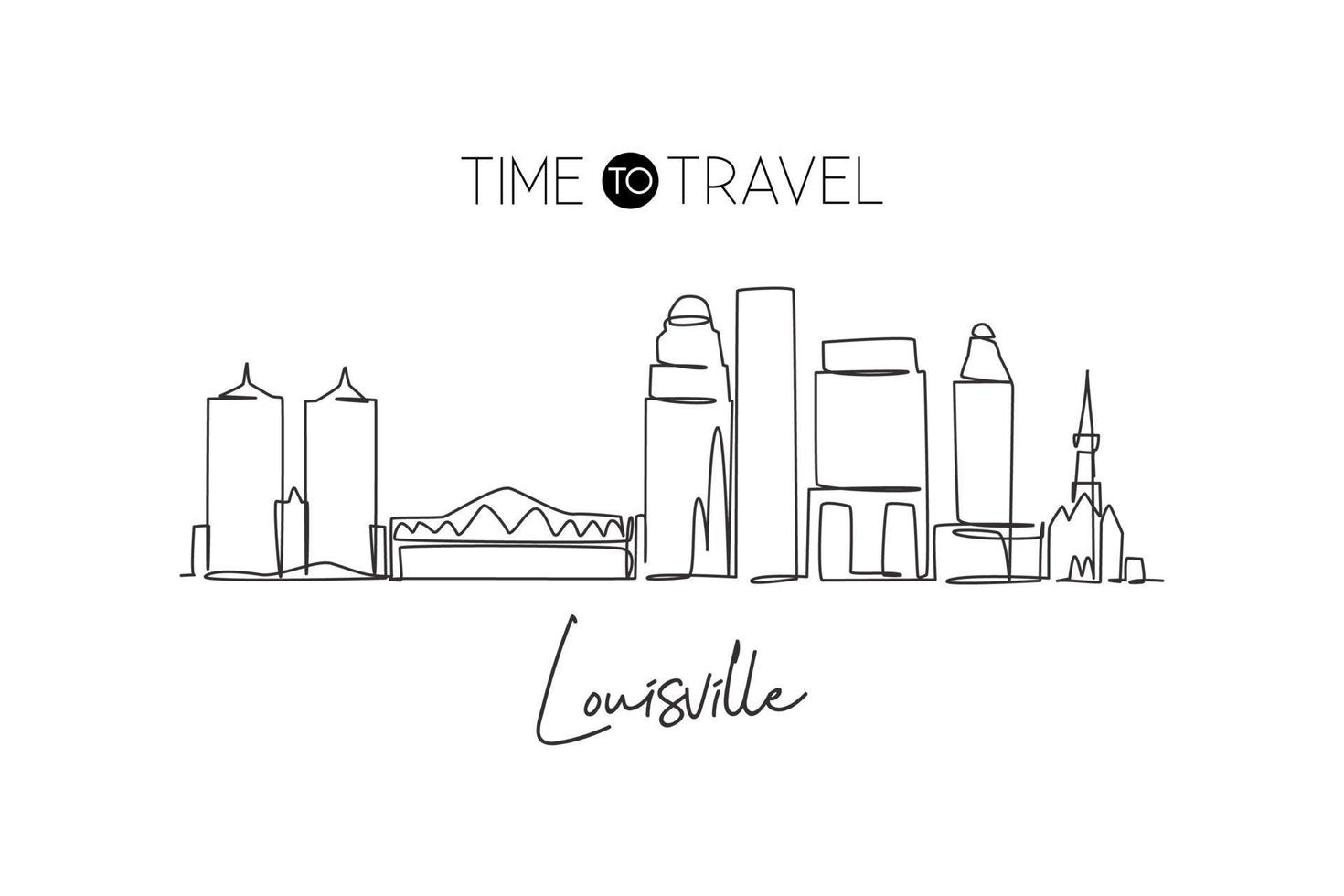 One continuous line drawing Louisville city skyline, Kentucky. Beautiful landmark. World landscape tourism travel vacation poster. Editable stylish stroke single line draw design vector illustration