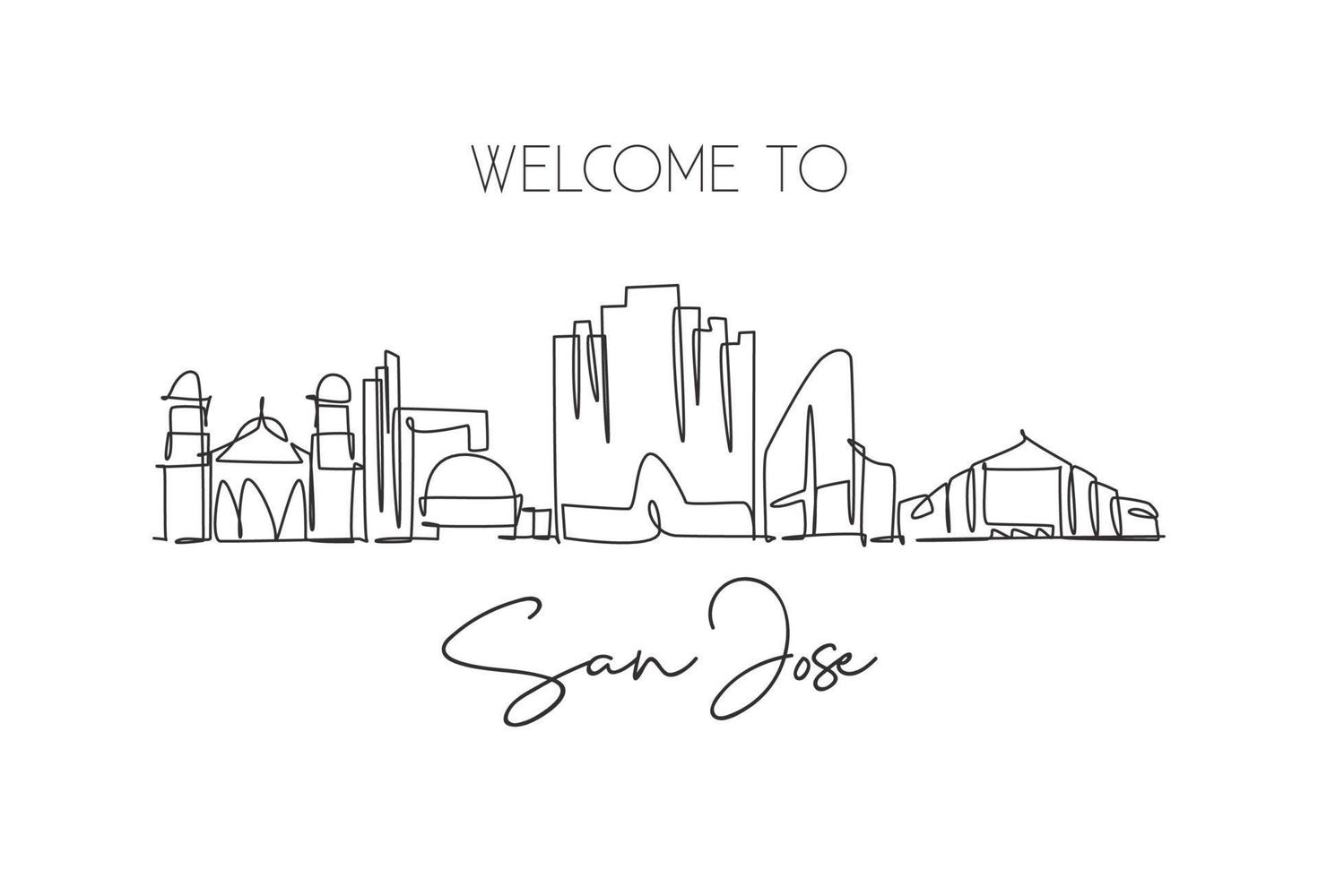 One continuous line drawing San Jose city skyline, California. Beautiful landmark. World tourism travel vacation home wall decor poster print art. Stylish single line draw design vector illustration