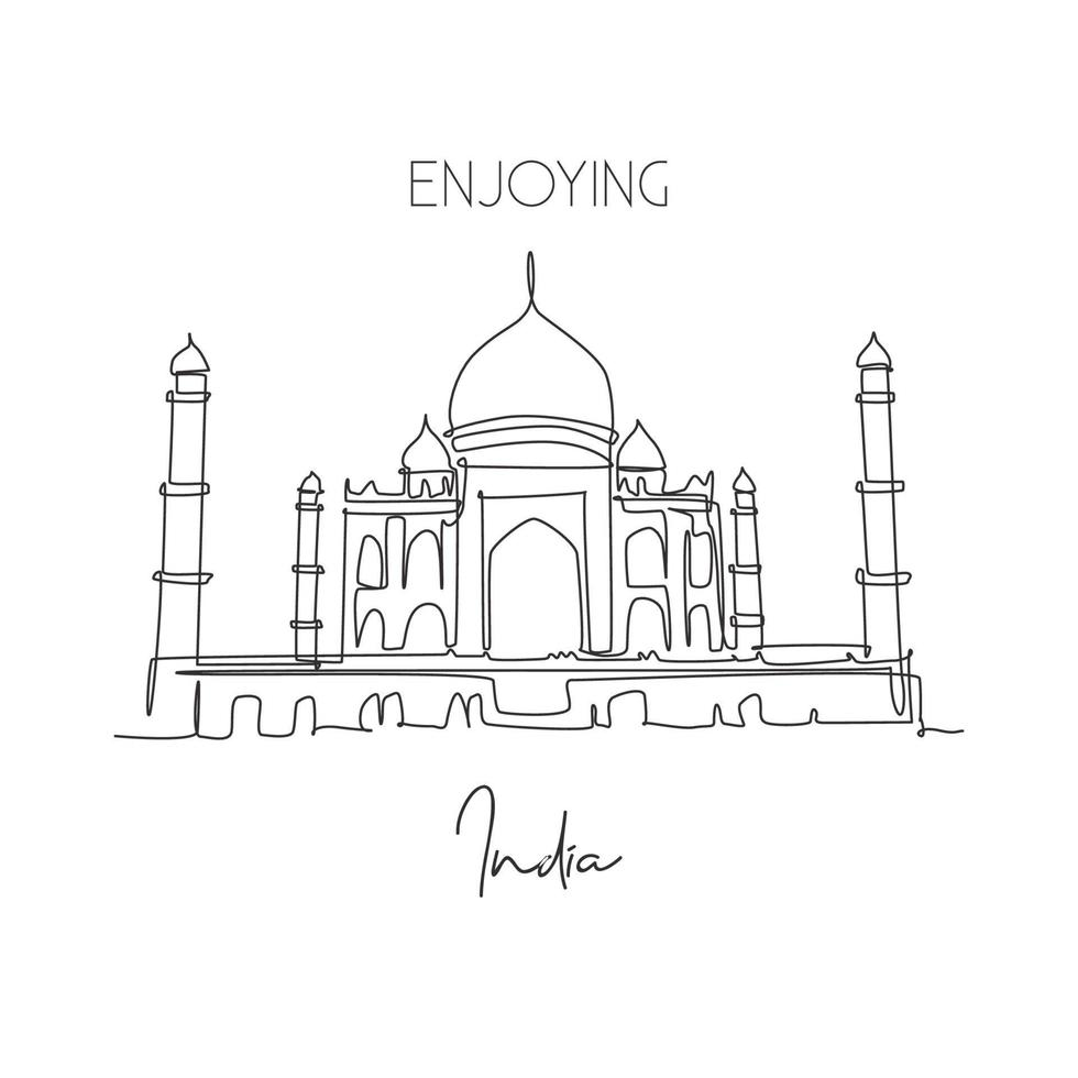 Single continuous line drawing Taj Mahal palace landmark. Beauty famous place in Agra, India. World travel home wall decor art poster print concept. Modern one line draw design vector illustration