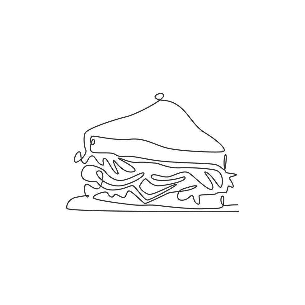 One continuous line drawing of fresh delicious American sandwich restaurant logo emblem. Fast food cafe shop logotype template concept. Modern single line draw design vector graphic illustration