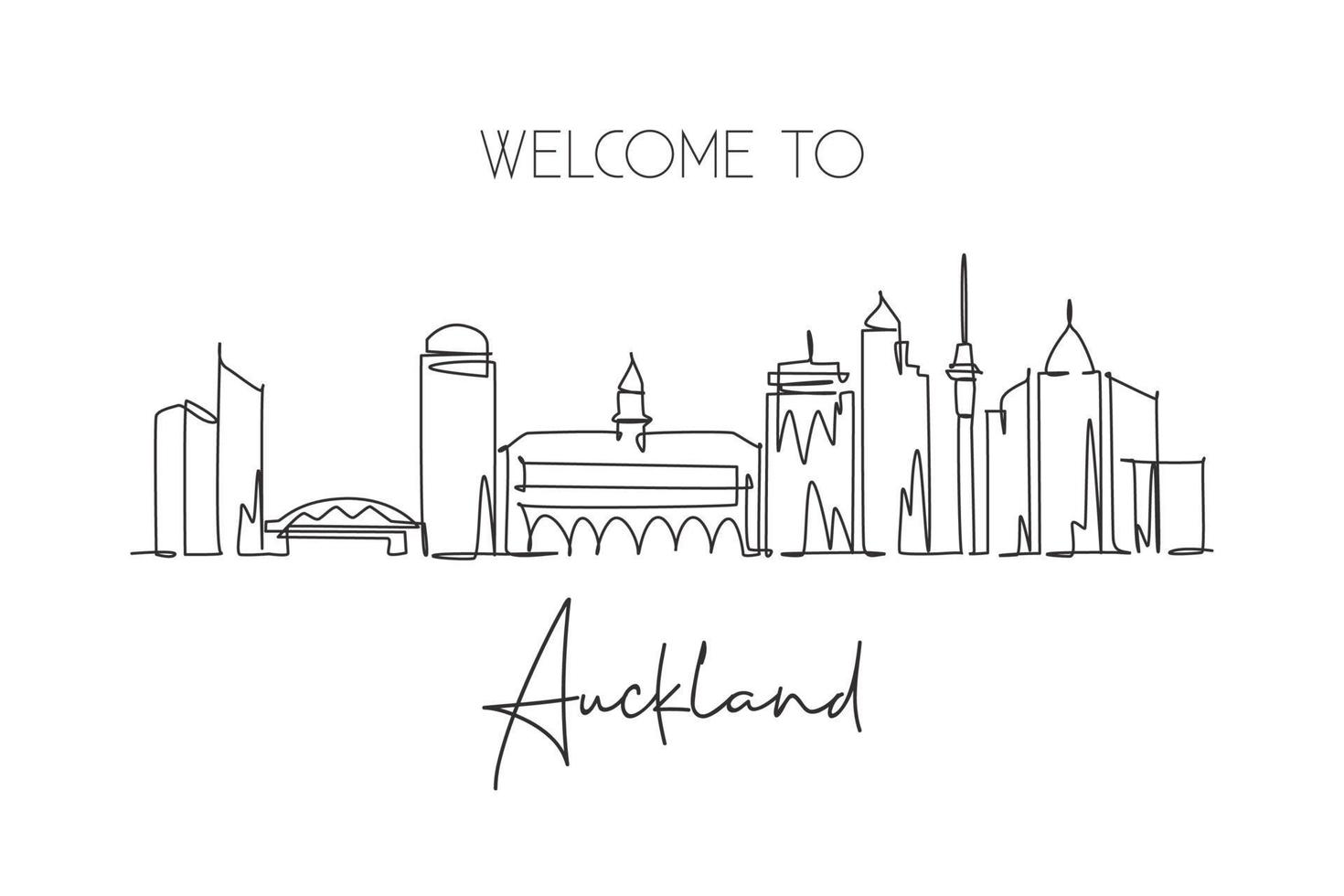 Single continuous line drawing Auckland skyline, New Zealand. Famous city scraper landscape postcard. World travel destination concept. Editable stroke modern one line draw design vector illustration