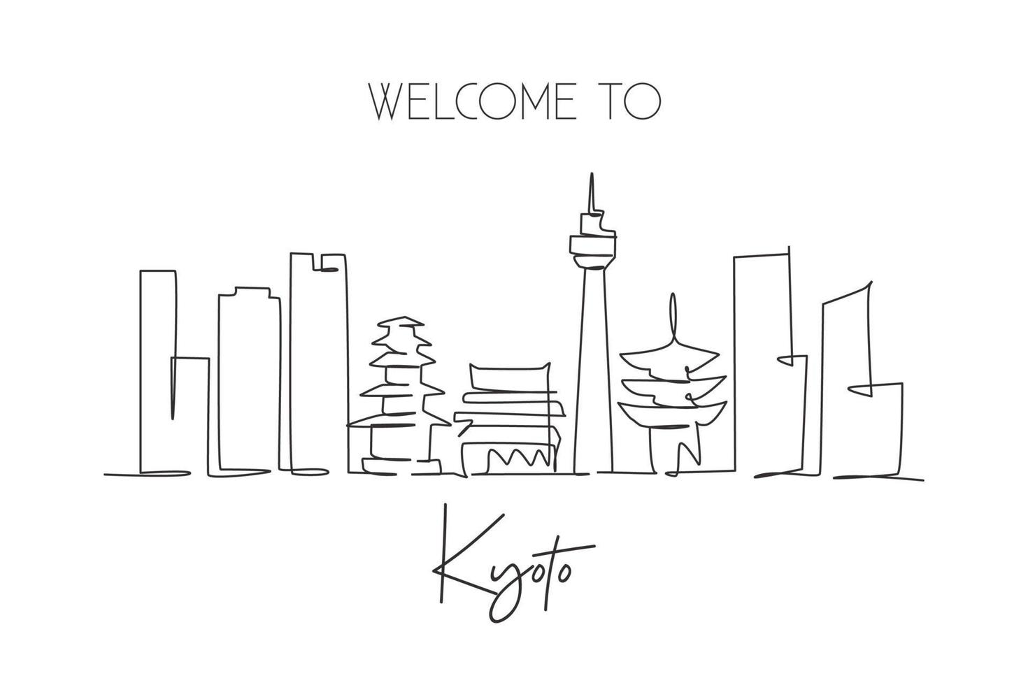Single continuous line drawing of Kyoto city skyline, Japan. Famous city scraper and landscape. World travel concept home decor wall art poster print. Modern one line draw design vector illustration