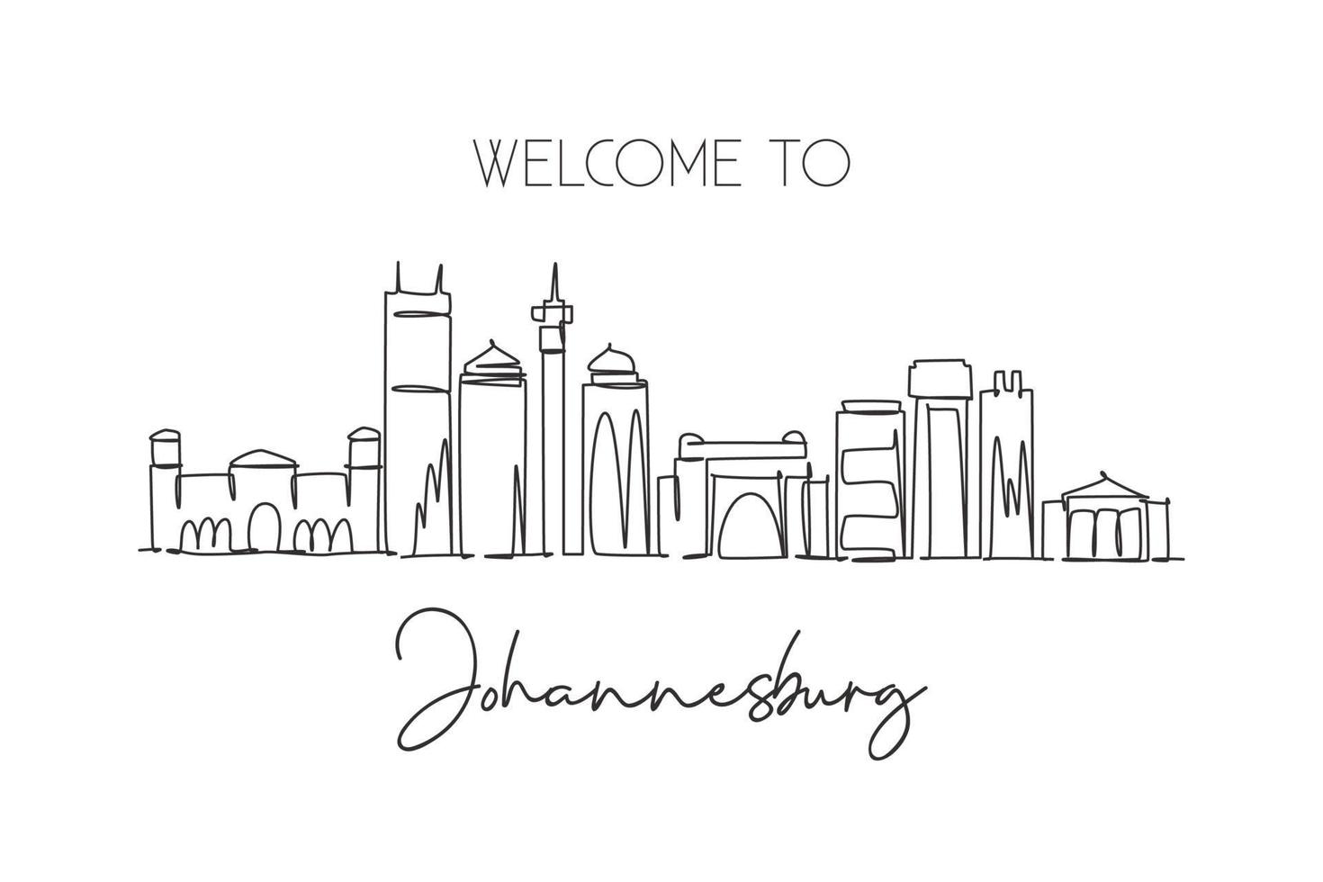 One continuous line drawing of Johannesburg city skyline, South Africa. Beautiful landmark wall decor poster print. World landscape tourism travel. Stylish single line draw design vector illustration