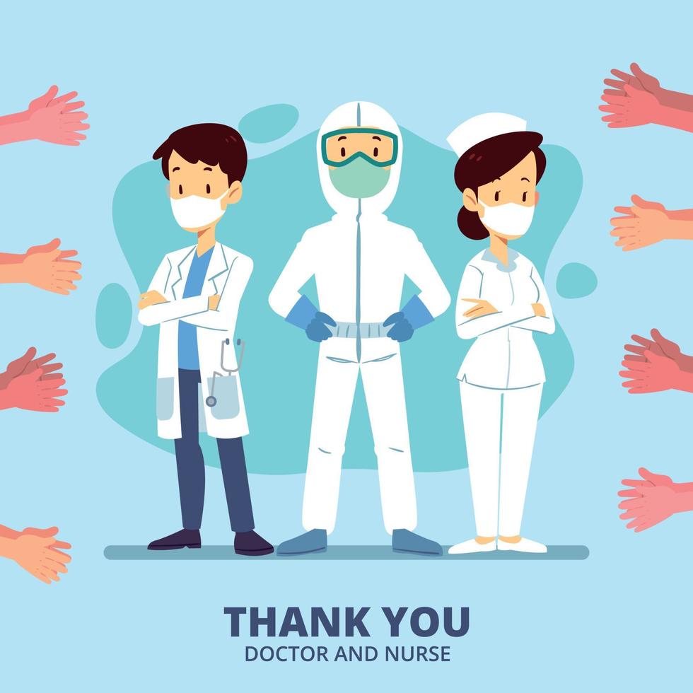Thank you doctors and nurses. Thank you brave healthcare workers. Doctor is a hero. Medical personnel team for fighting the coronavirus. Eps10 vector illustration.