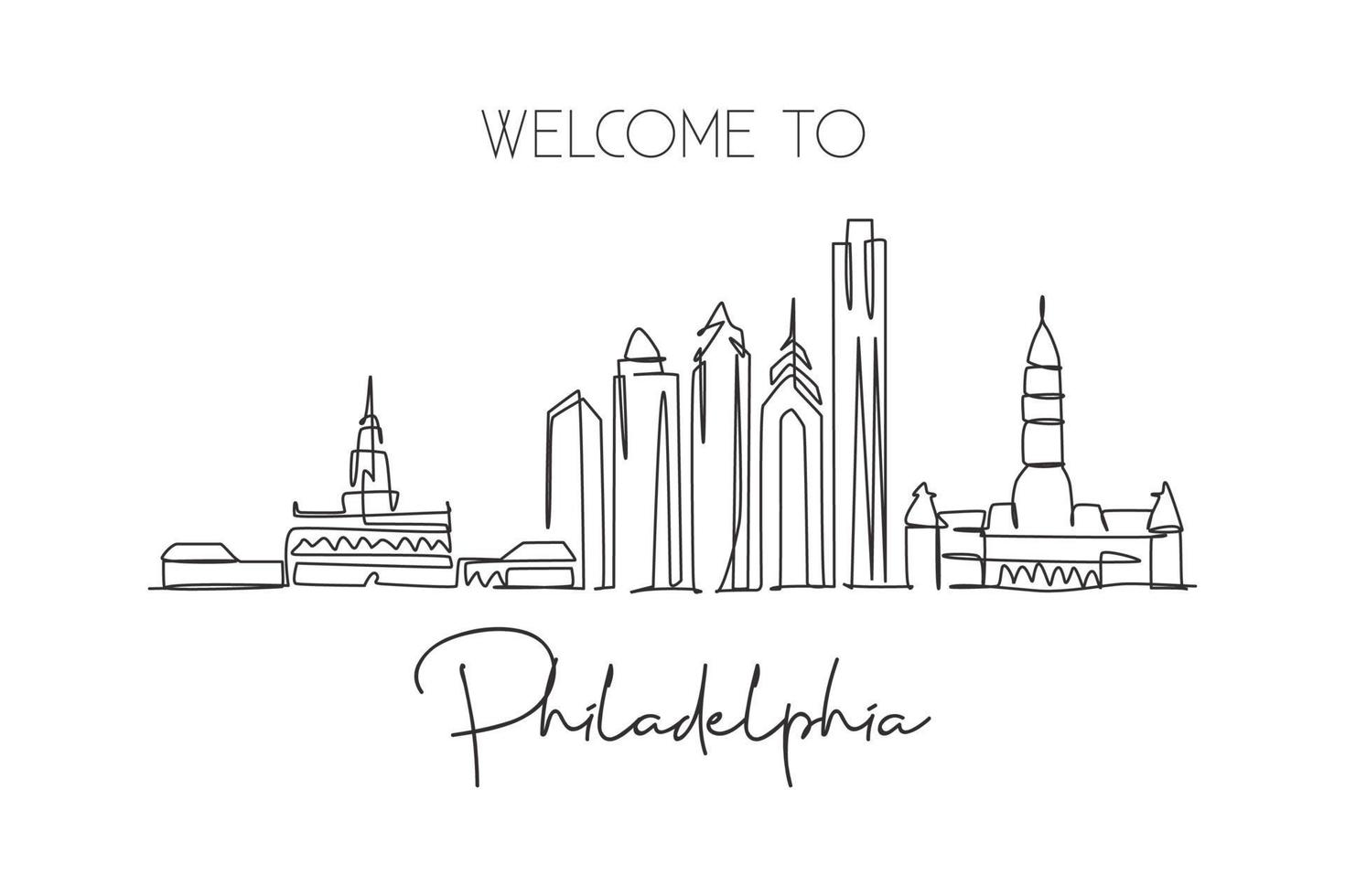One continuous line drawing of Philadelphia city skyline, United States. Beautiful landmark. World city landscape travel vacation. Editable stylish stroke single line draw design vector illustration