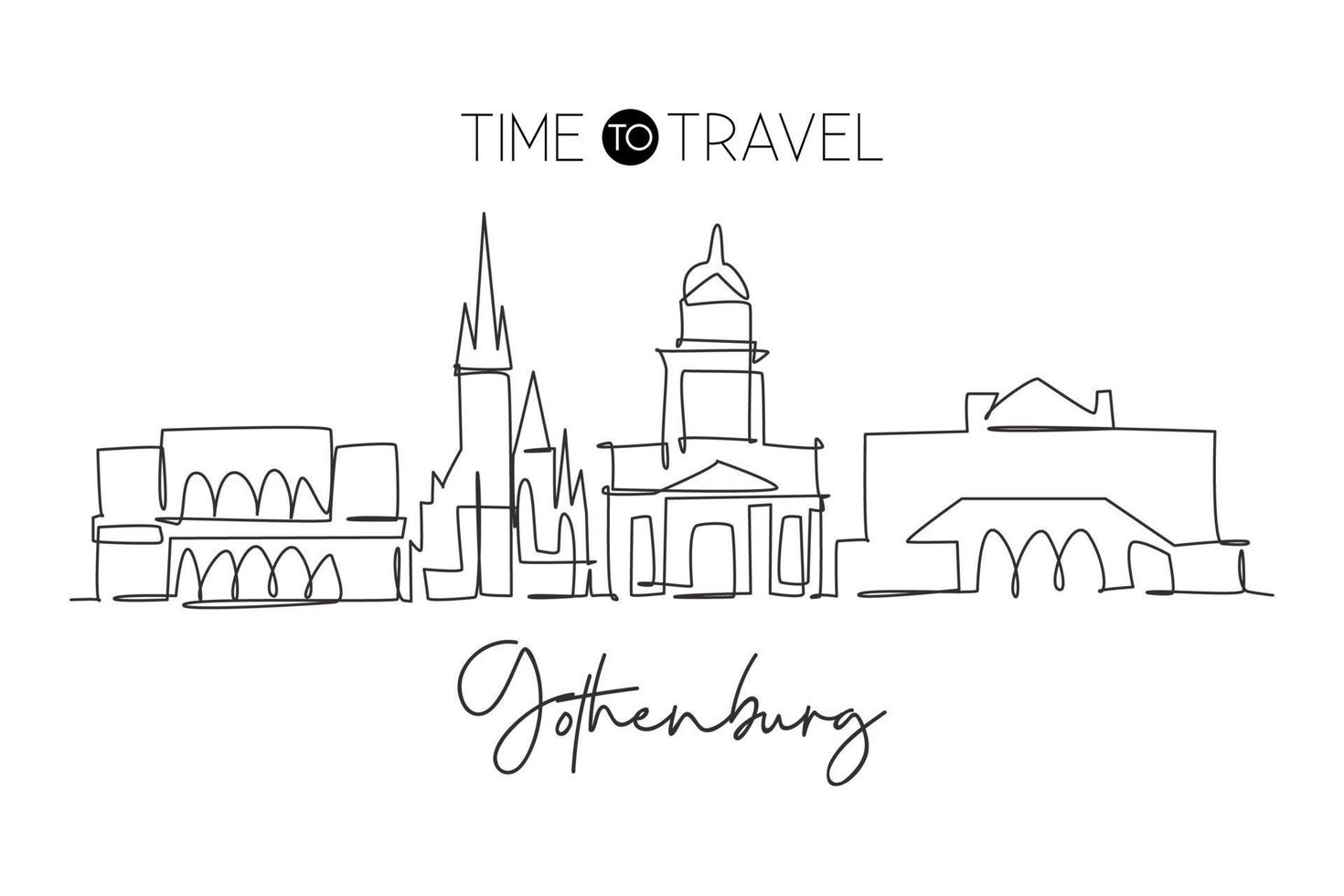 One single line drawing of Gothenburg city skyline, Sweden. Historical town landscape in the world. Best holiday destination. Editable stroke trendy continuous line draw design vector illustration