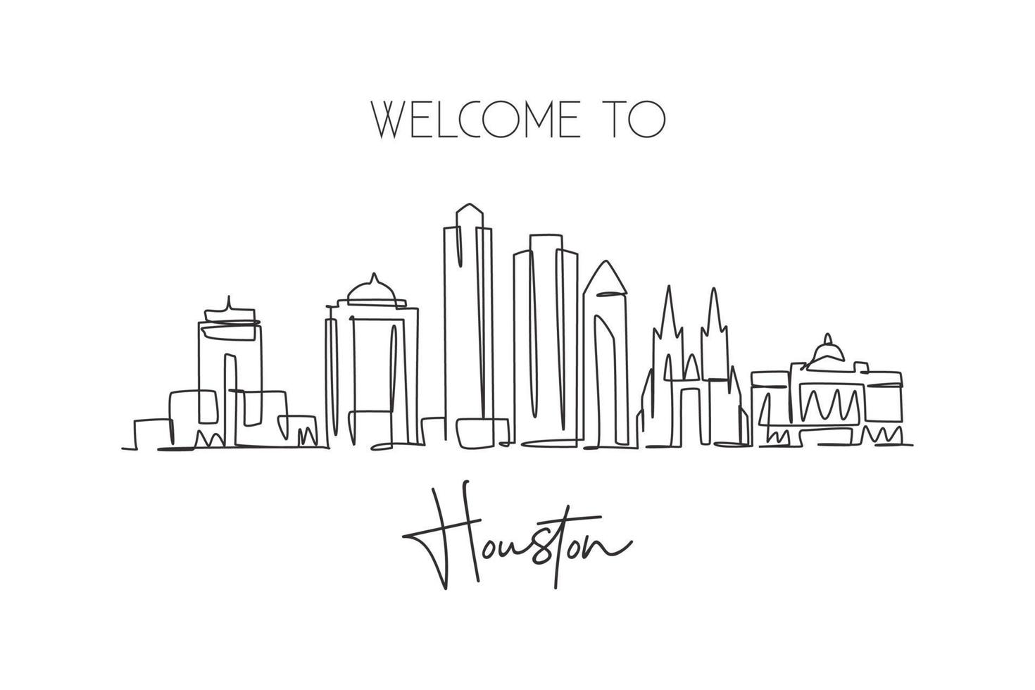 One continuous line drawing Houston city skyline, United States of America. Beautiful landmark. World famous city landscape poster. Editable stylish stroke single line draw design vector illustration