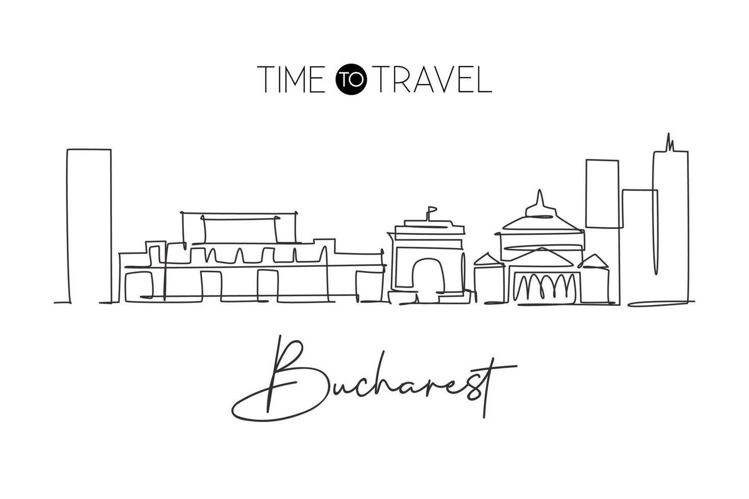 One continuous line drawing of Bucharest city skyline, Romania. Beautiful landmark. World landscape tourism and travel vacation. Editable stylish stroke art single line draw design vector illustration