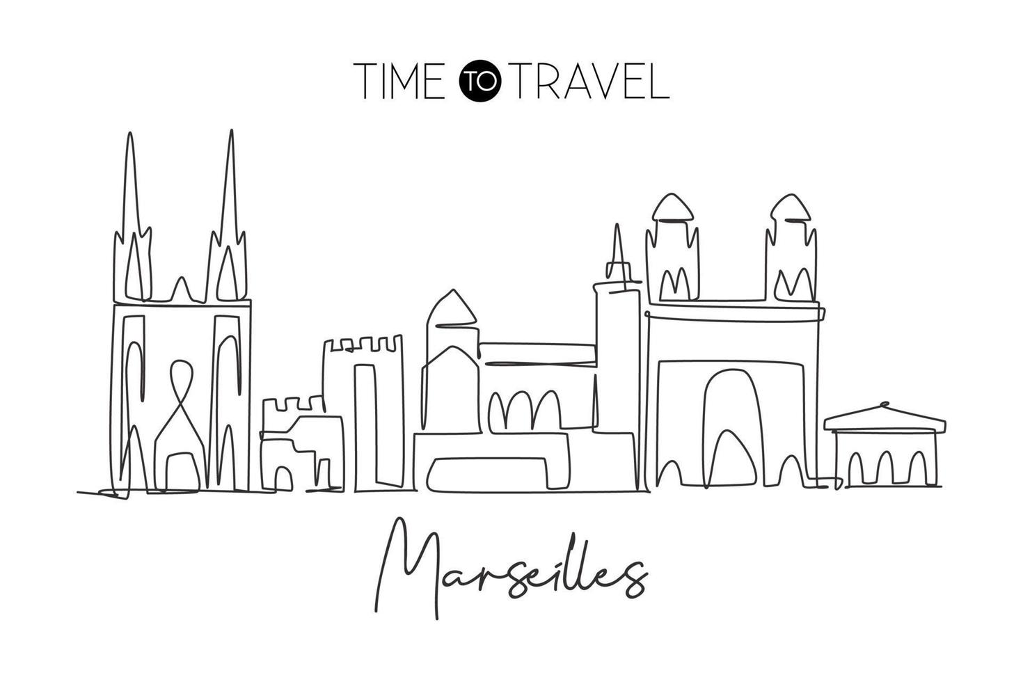 Single continuous line drawing of Marseilles city skyline, France. Famous city skyscraper landscape. World travel wall decor poster print art concept. Modern one line draw design vector illustration