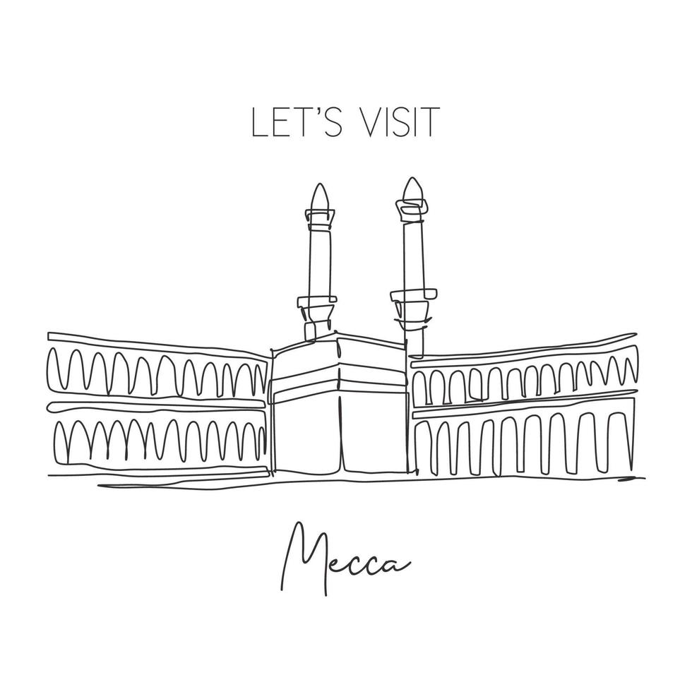 Single continuous line drawing Masjidil Haram landmark. Most holy place in Mecca, Saudi Arabia. Religious hajj and umrah travel wall decor art concept. Dynamic one line draw design vector illustration