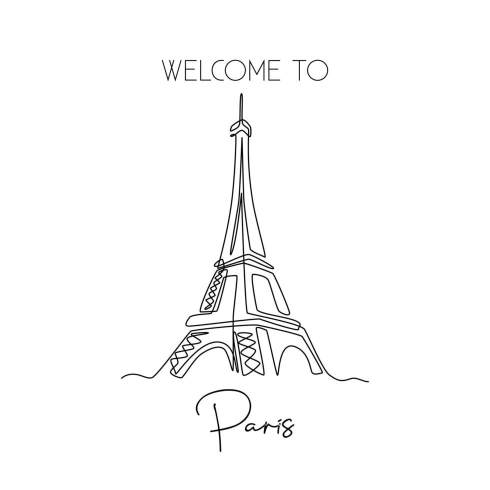 Dibujo de una sola línea del póster de decoración de pared emblemática de la torre Eiffel. lugar icónico en parís, francia. concepto de postal de saludo de turismo y viajes. Ilustración de vector de diseño de dibujo de línea continua moderna