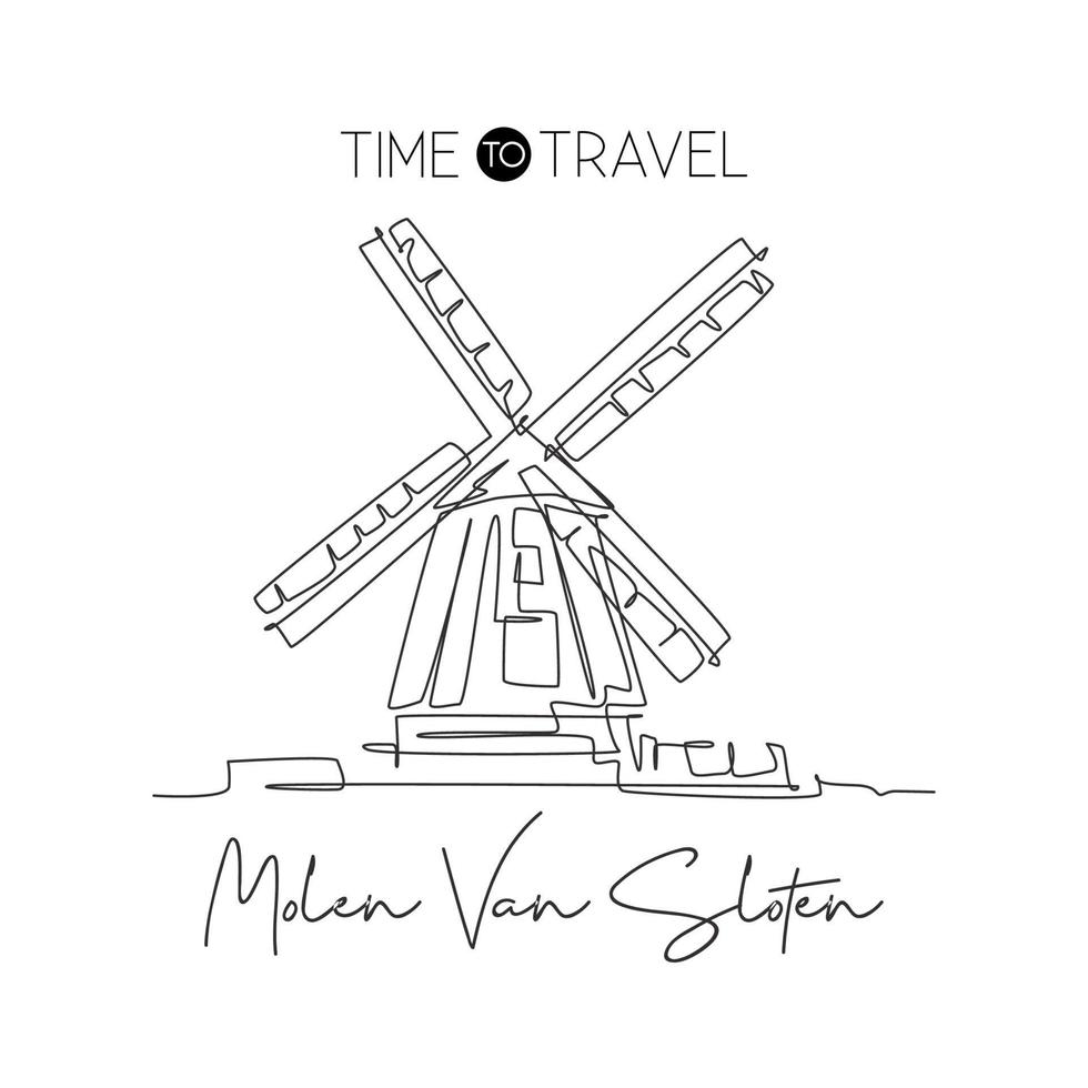 One single line drawing De Gooyer Windmill landmark. World famous place in Netherlands. Tourism travel postcard wall decor poster print concept. Modern continuous line draw design vector illustration