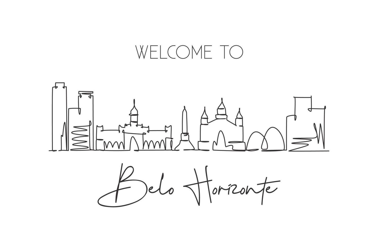 One continuous line drawing of Belo Horizonte city skyline, Brazil. Beautiful landmark. World landscape tourism and travel vacation. Editable stylish stroke single line draw design vector illustration