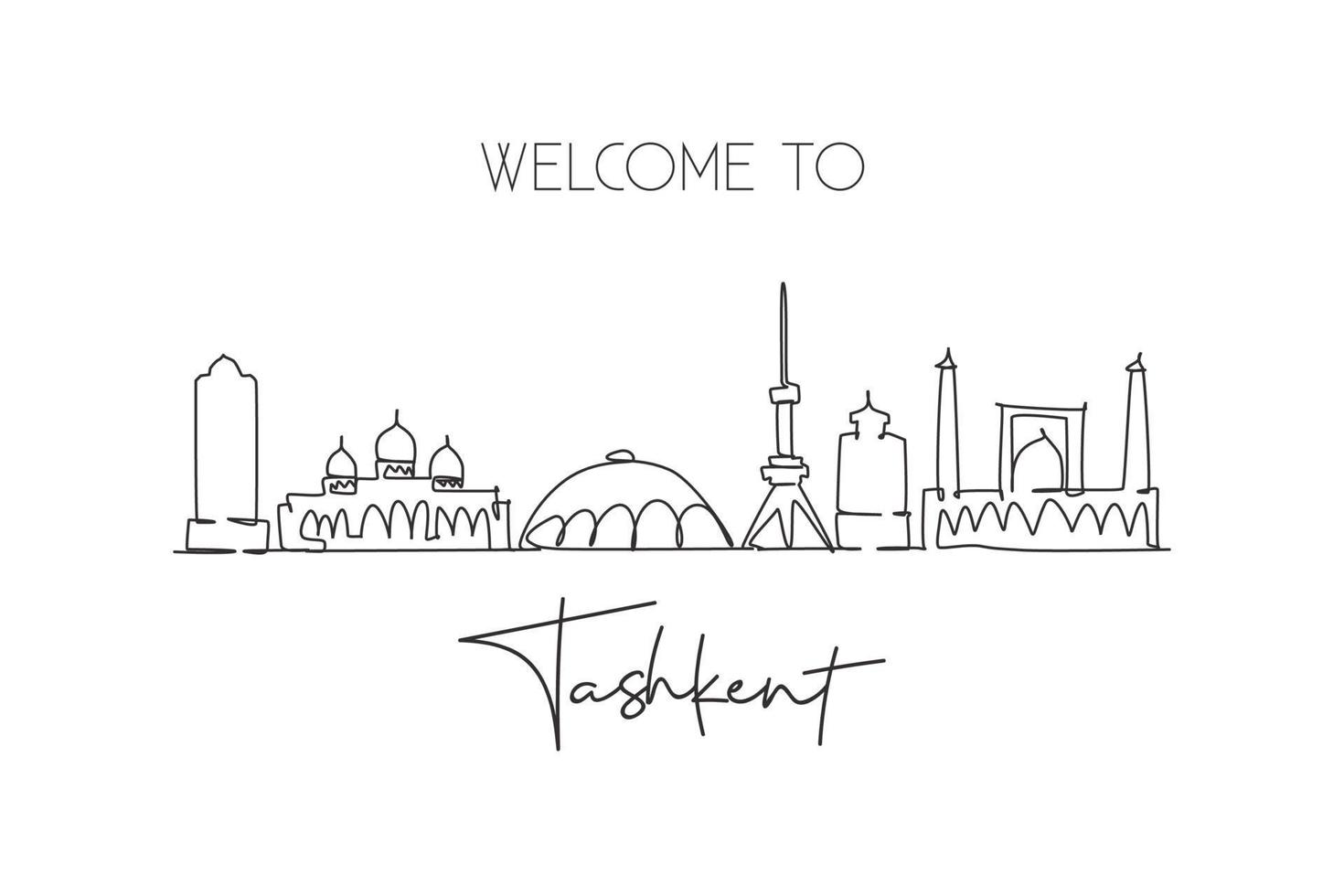 One continuous line drawing Tashkent city skyline, Uzbekistan. Beautiful landmark wall decor poster print. World landscape tourism travel vacation. Stylish single line draw design vector illustration