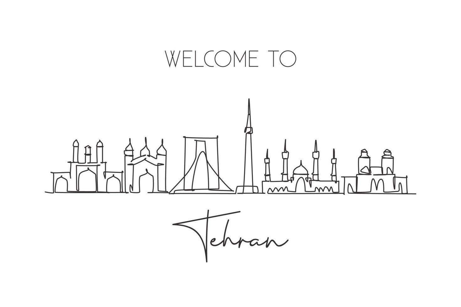 Single continuous line drawing of Tehran city skyline, Iran. Famous city scraper and landscape home wall decor poster art print. World travel concept. Modern one line draw design vector illustration