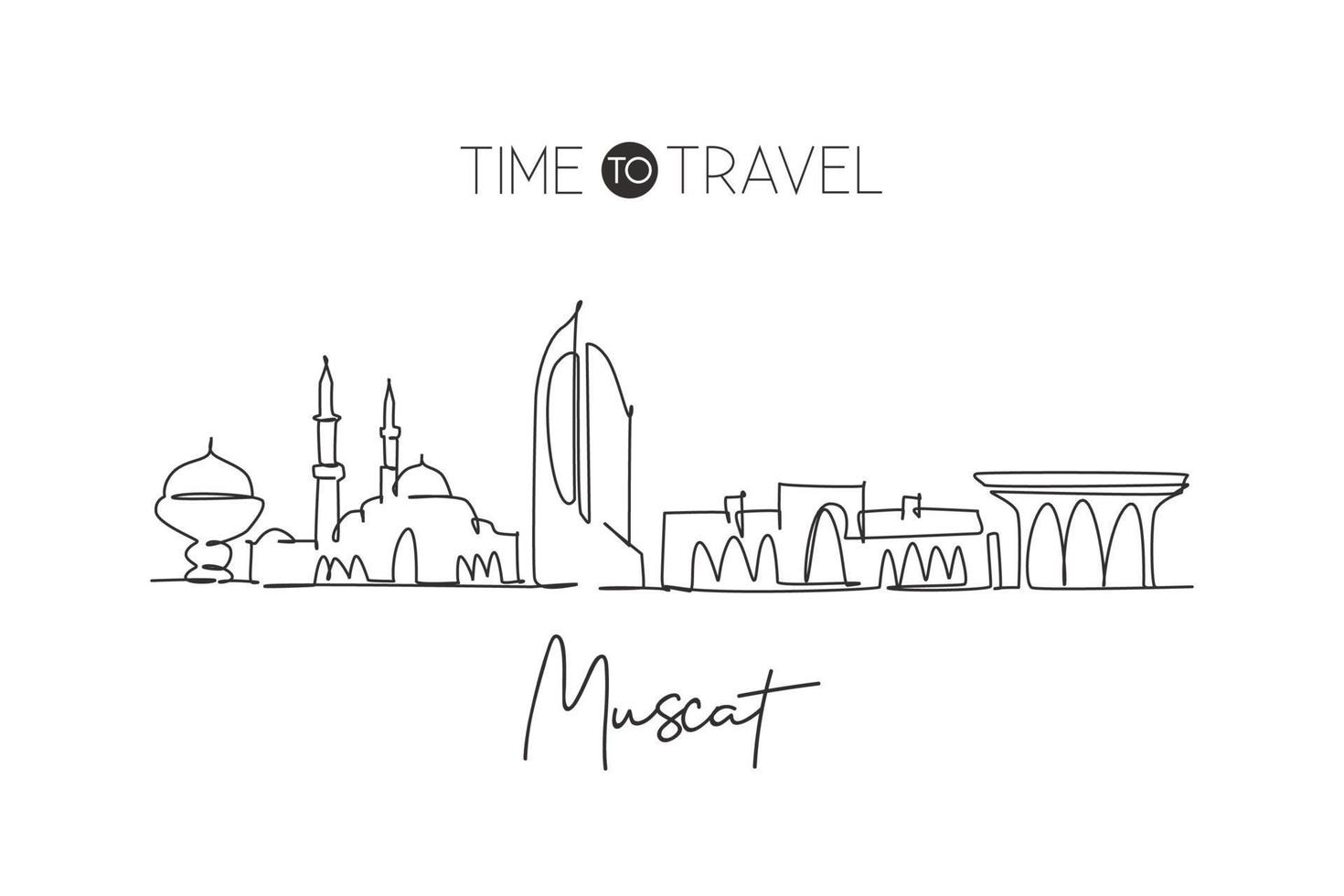 One single line drawing of Muscat city skyline, Oman. Historical town landscape in the world. Best holiday destination. Editable stroke trendy continuous line draw design vector graphic illustration