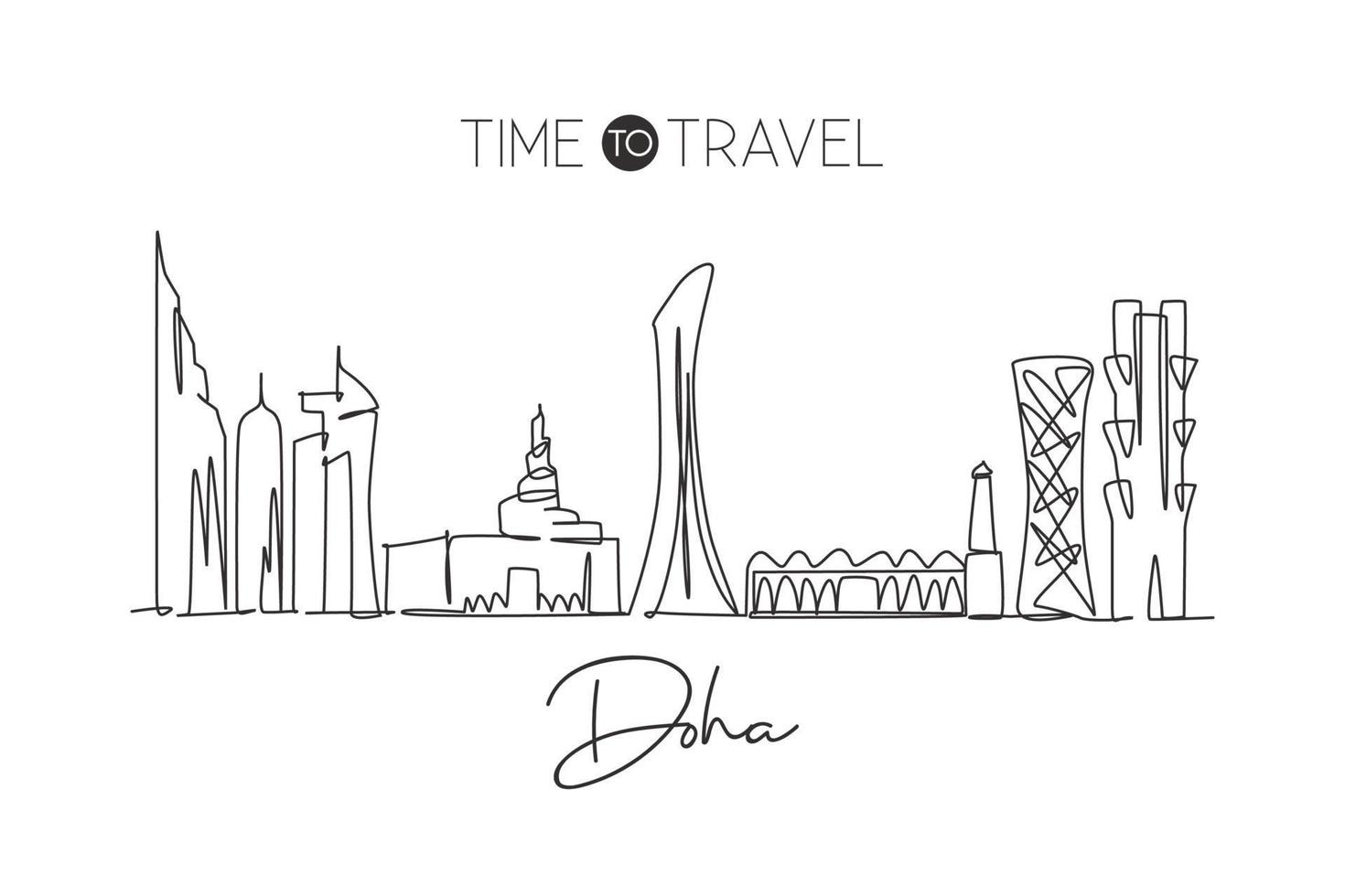One single line drawing of Doha city skyline, Qatar. Historical town