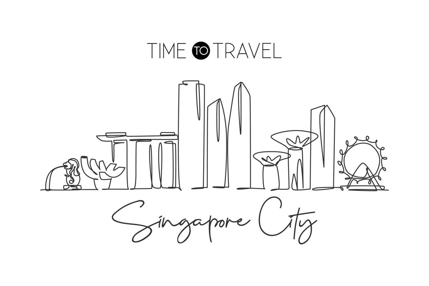 One continuous line drawing of Singapore city skyline. Beautiful landmark. World landscape tourism and travel vacation poster print. Editable stylish stroke single line draw design vector illustration