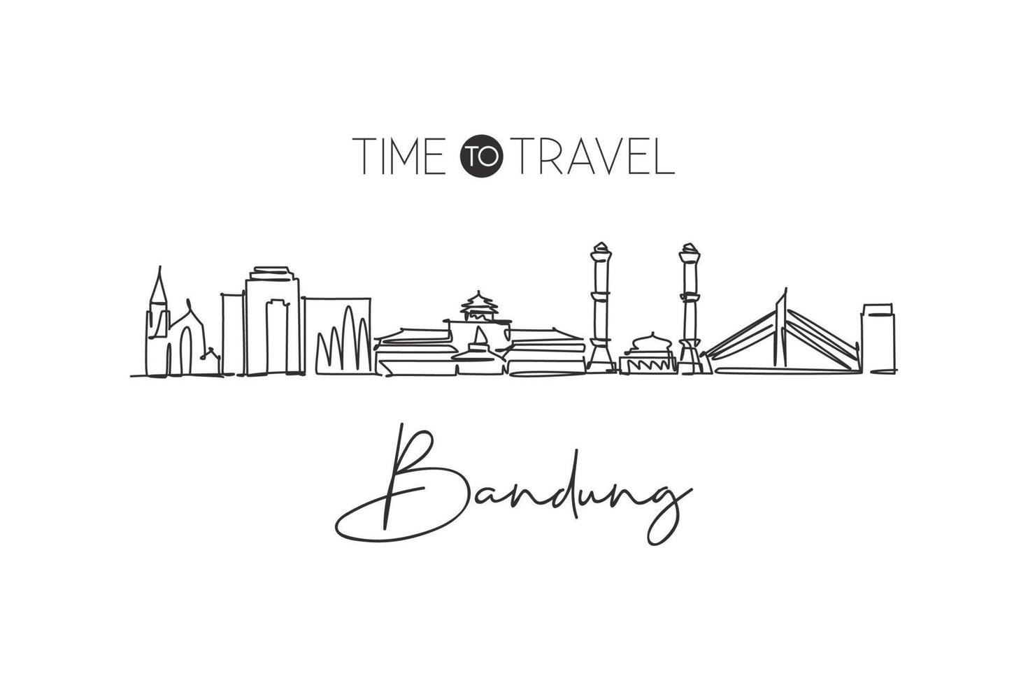 One single line drawing of Bandung city skyline, India. Historical town landscape home decor wall art poster print. Best holiday destination. Continuous line draw design vector graphic illustration