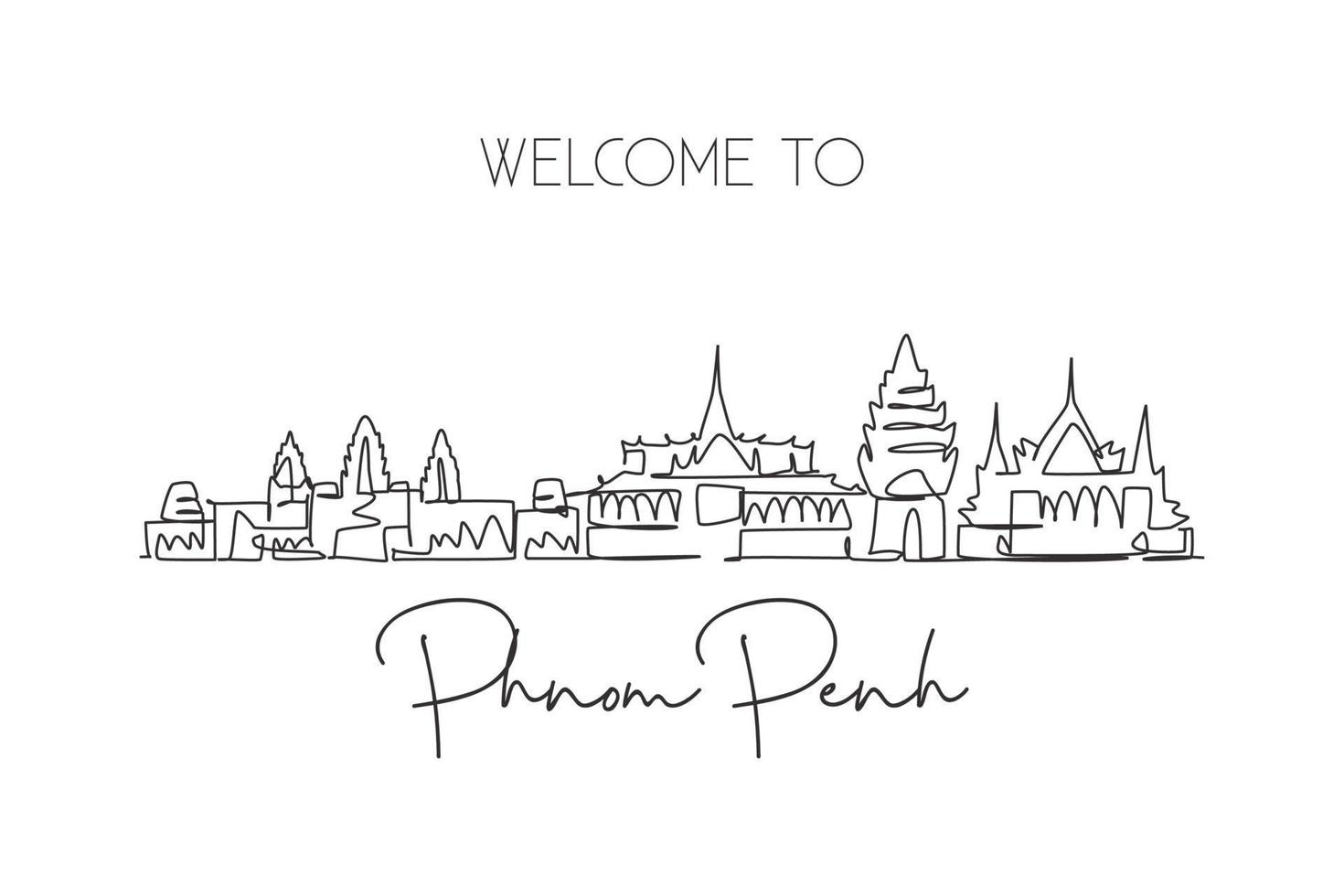 Single continuous line drawing of Phnom Penh city skyline, Cambodia. Famous city landscape. World travel concept home art wall decor poster print. Modern one line draw design vector illustration