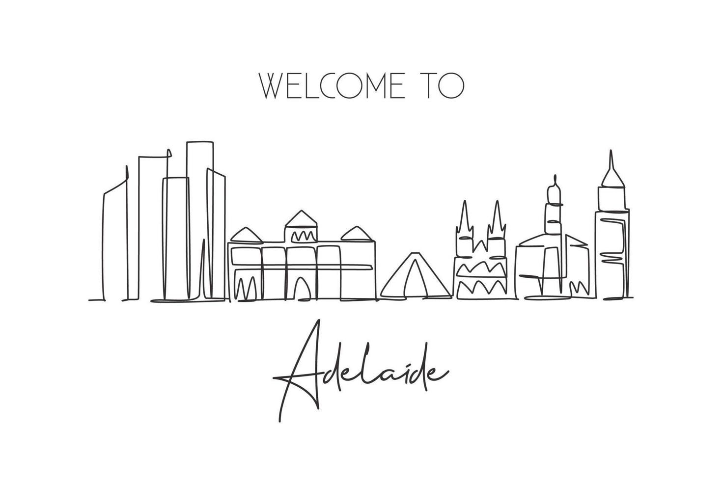 una sola línea dibujando el horizonte de la ciudad de adelaide, australia. paisaje histórico de la ciudad. El mejor destino de vacaciones para la decoración de la pared del hogar. ilustración de vector de diseño de dibujo de línea continua de moda