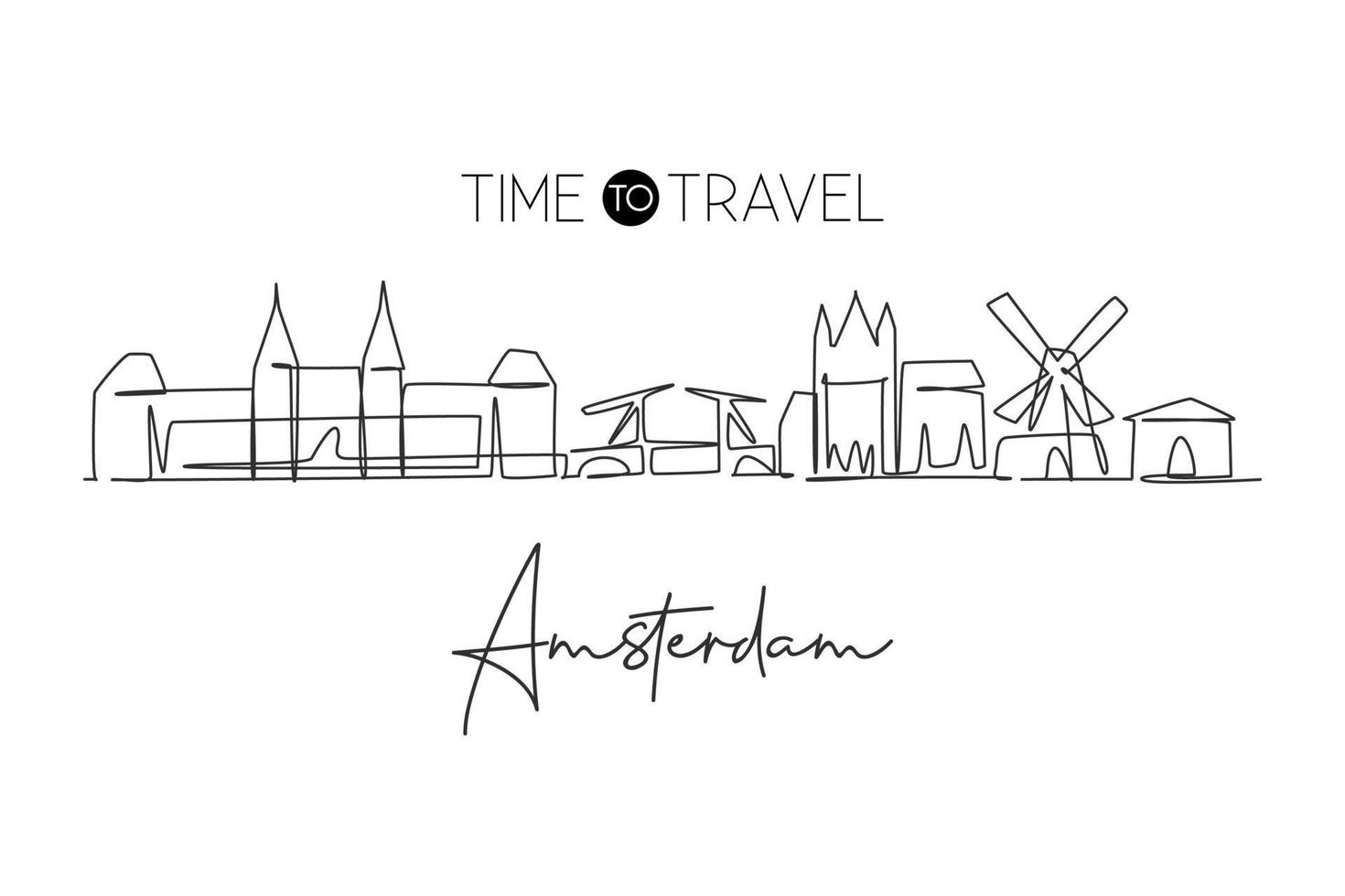 One continuous line drawing of Amsterdam city skyline, Netherlands. Beautiful city skyscraper. World landscape tourism travel vacation wall decor poster. Single line draw design vector illustration