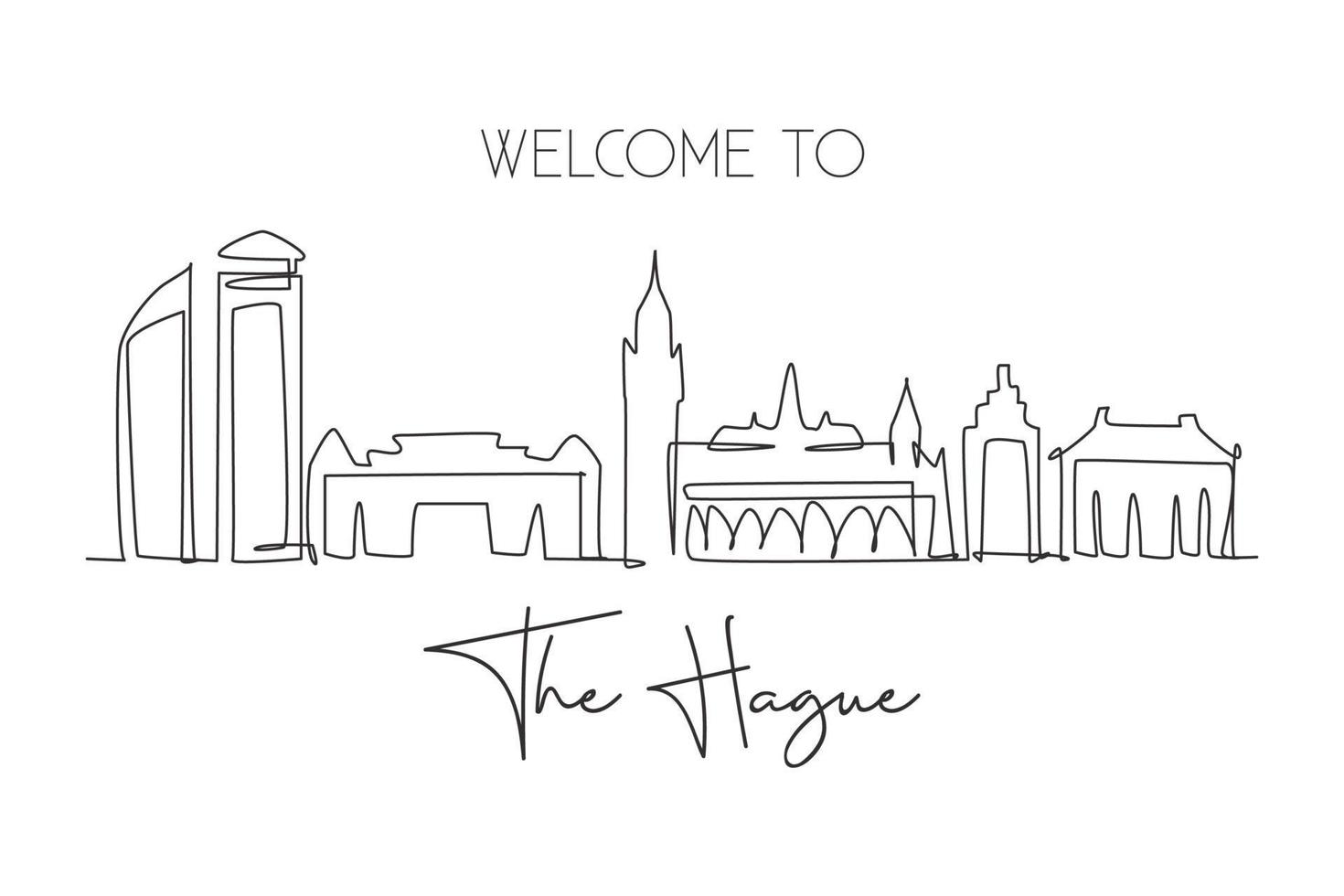 Single continuous line drawing of The Hague city skyline, Netherlands. Famous skyscraper landscape postcard. World travel wall decor poster art concept. Modern one line draw design vector illustration