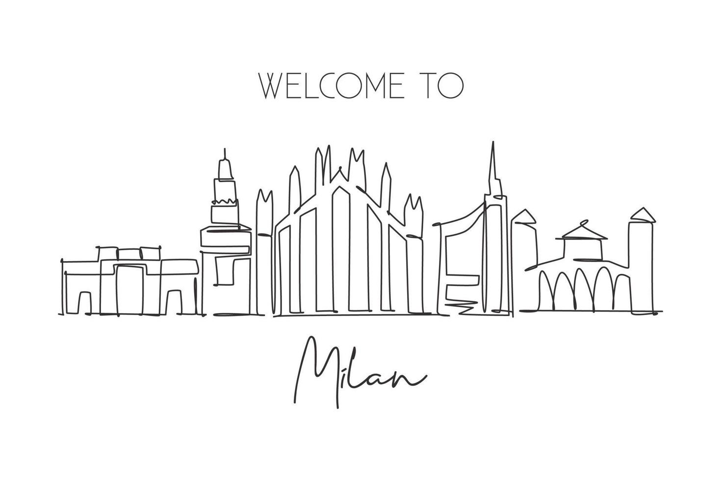 Single continuous line drawing of Milan city skyline, Italy. Famous city skyscraper landscape in world. World travel wall decor poster print concept. Modern one line draw design vector illustration