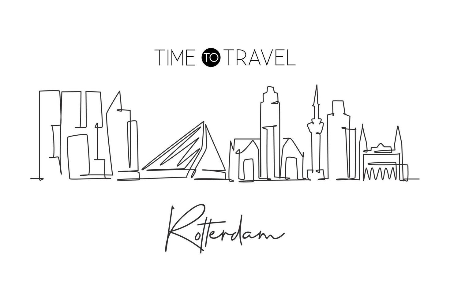 One continuous line drawing of Rotterdam city skyline, Netherlands. Beautiful skyscraper. World landscape tourism travel vacation wall decor poster. Stylish single line draw design vector illustration