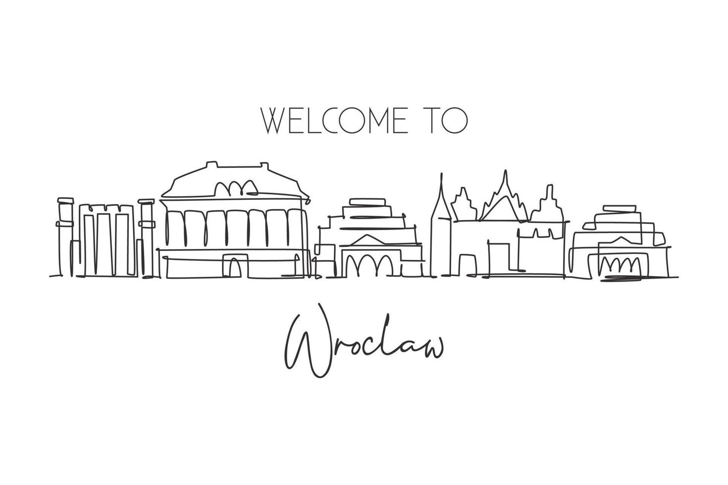 One continuous line drawing of Wroclaw city skyline Poland. Beautiful skyscraper. World landscape tourism travel vacation wall decor poster concept. Stylish single line draw design vector illustration