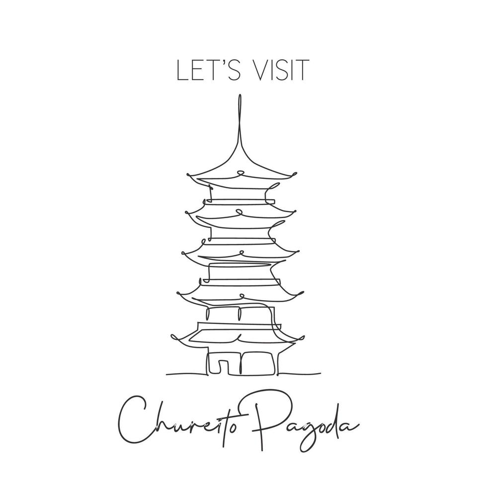 Single continuous line drawing Chureito Pagoda landmark. Beautiful famous place in Fujiyoshida, Japan. World travel tour wall decor poster art concept. Modern one line draw design vector illustration