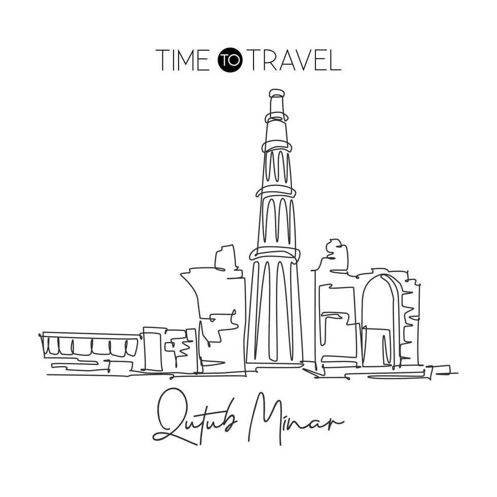 Single continuous line drawing Qutub Minar mosque landmark. Most beautiful famous place in Delhi, India. World travel wall decor poster print concept. Modern one line draw design vector illustration