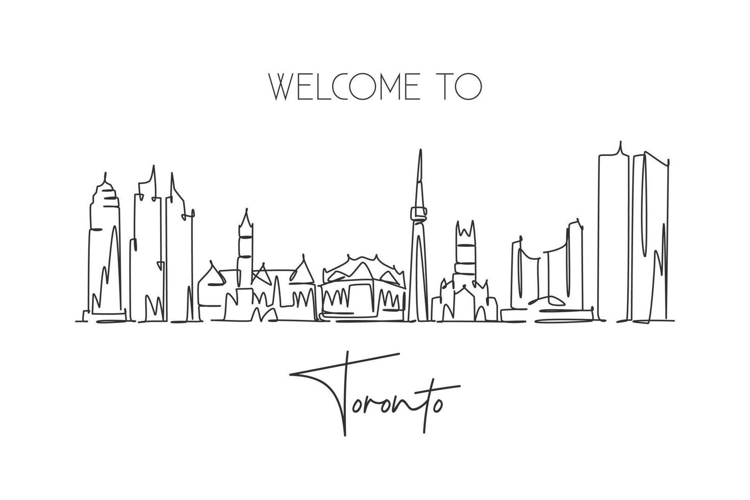 One continuous line drawing of Toronto city skyline, Canada. Beautiful landmark postcard. World landscape tourism travel vacation. Editable stylish stroke single line draw design vector illustration