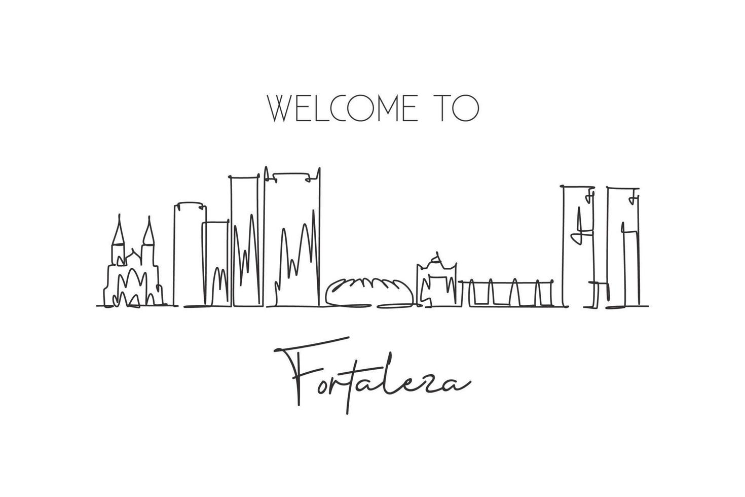 una línea continua dibujando el horizonte de la ciudad de fortaleza brasil. hermosa postal histórica. turismo paisajístico mundial y vacaciones de viaje. Ilustración de vector de diseño de dibujo de una sola línea de trazo elegante editable