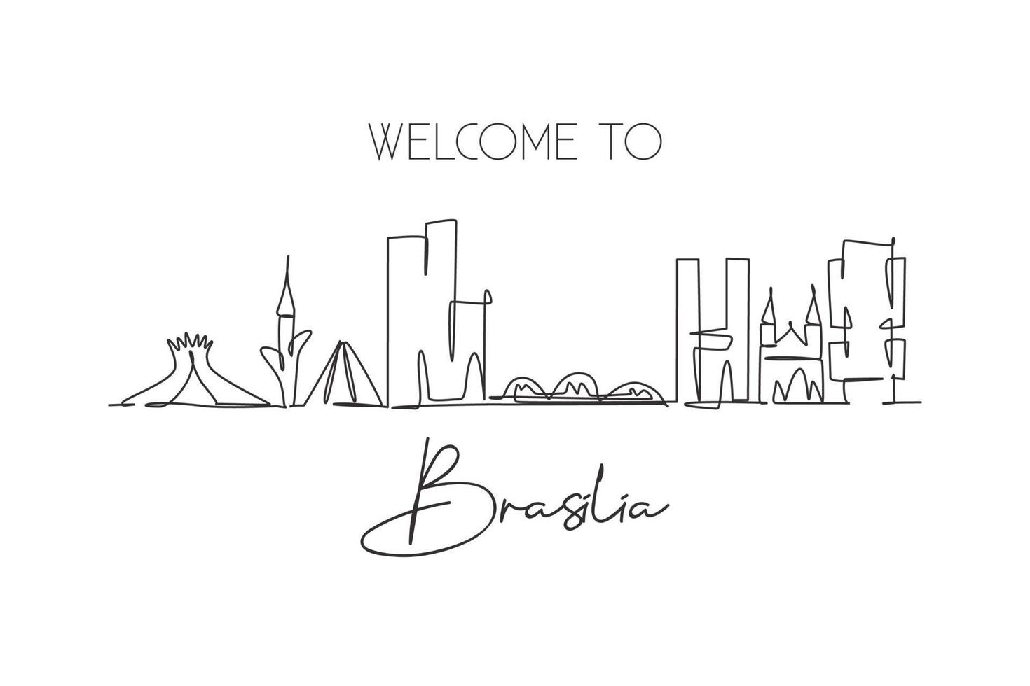 One continuous line drawing of Brasilia city skyline, Brazil. Beautiful landmark. World landscape tourism travel vacation postcard. Editable stylish stroke single line draw design vector illustration