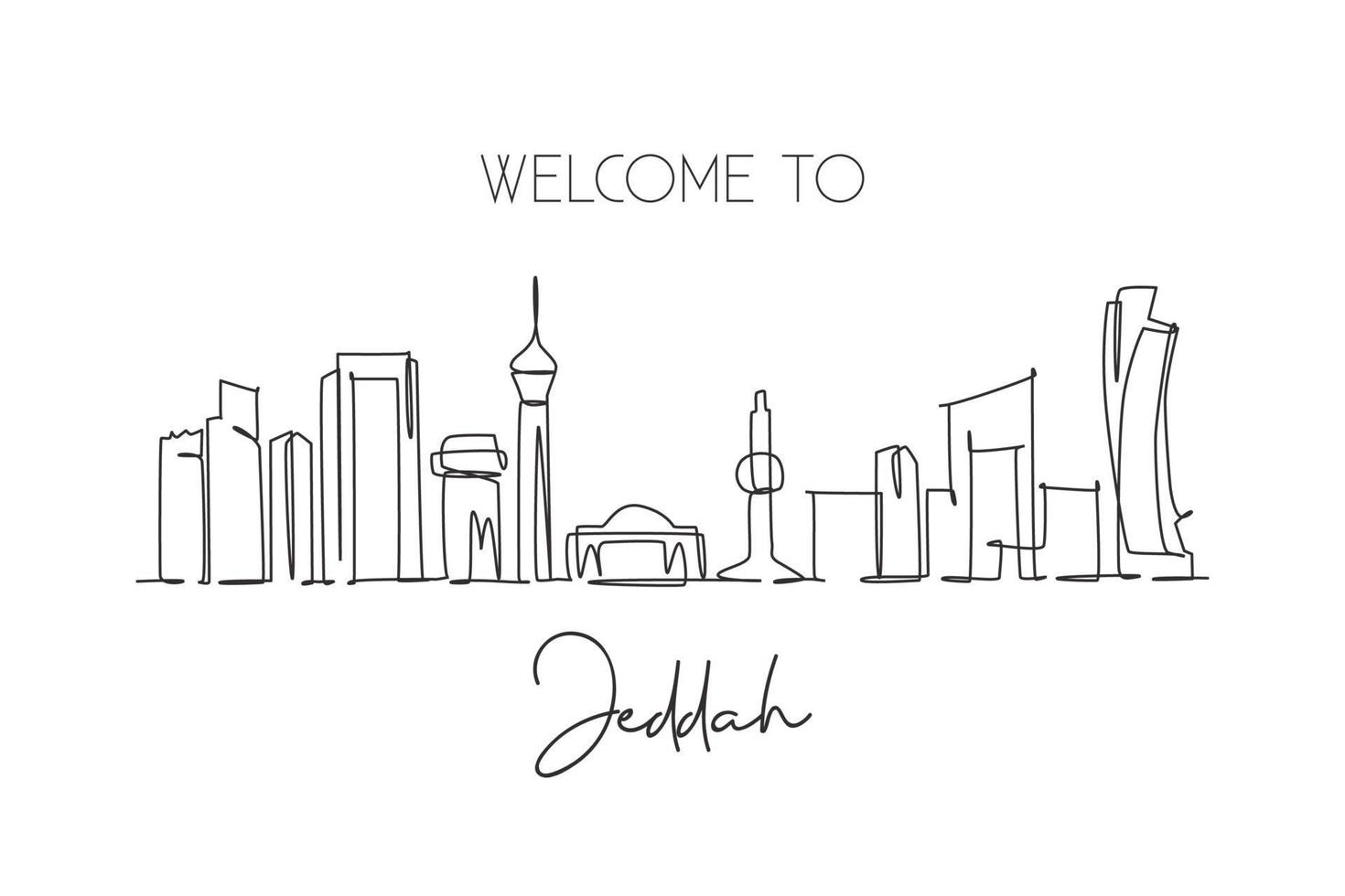 un dibujo de línea continua del horizonte de la ciudad de jeddah, arabia saudita. hermosa impresión de postal histórica. vacaciones de viaje de turismo de paisaje mundial. Ilustración de vector de diseño de dibujo de una sola línea de trazo elegante