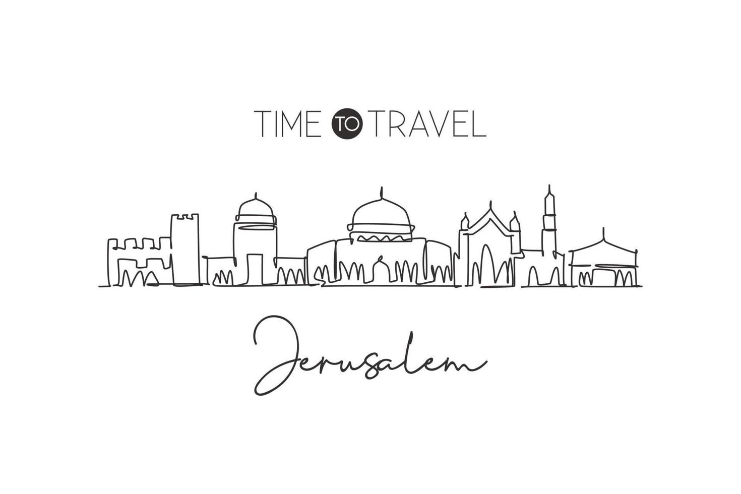 Single continuous line drawing of Jerusalem skyline, Palestine. Famous city scraper landscape. World travel concept home decor wall art poster print. Modern one line draw design vector illustration